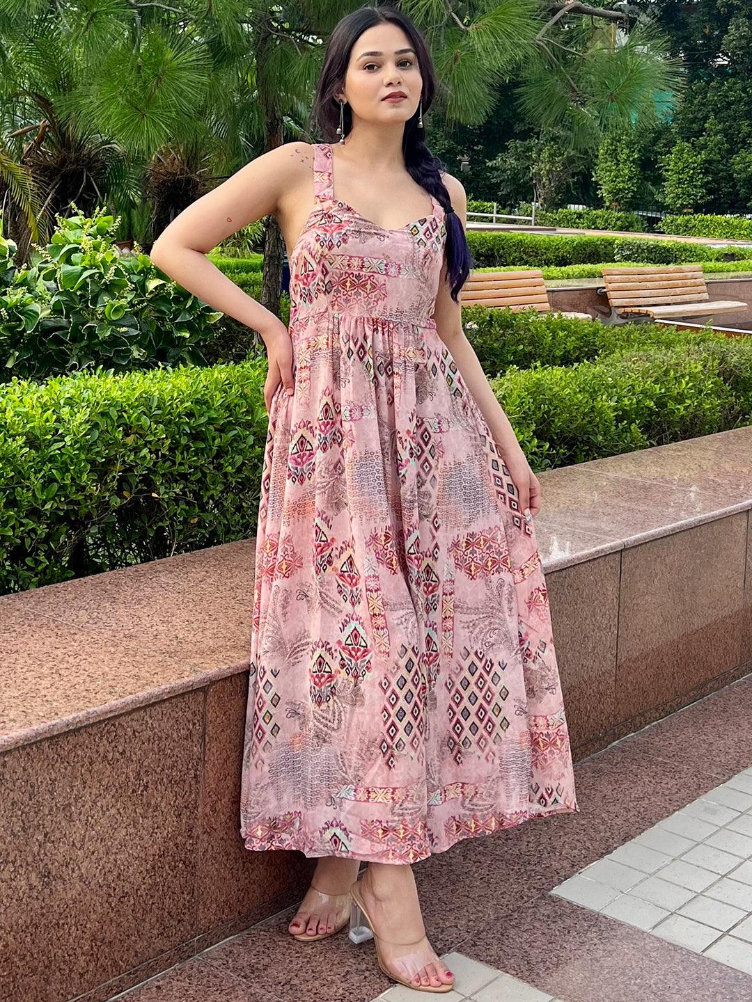 Pink Printed Georgette Fit and Flare Dress