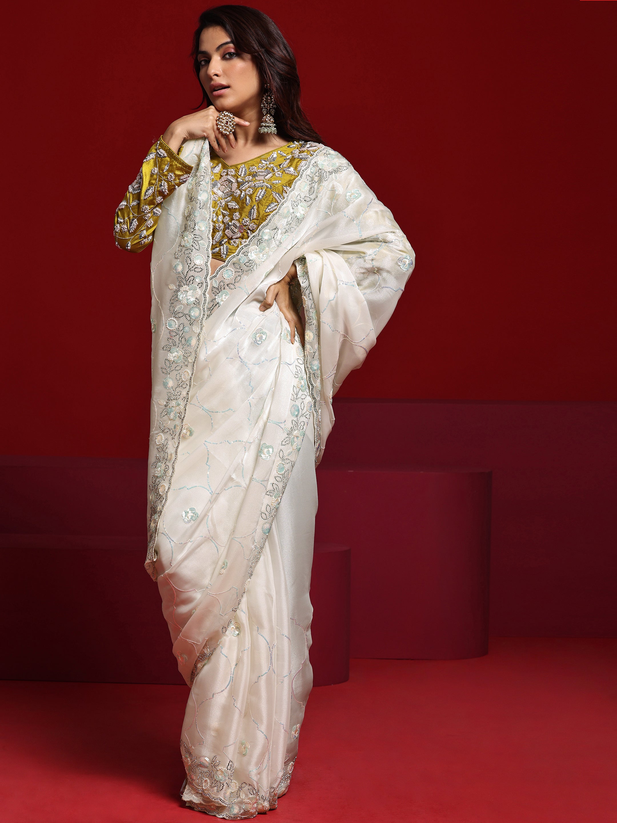 Libas Art Off White Embellished Tissue Saree With Unstitched Blouse Piece