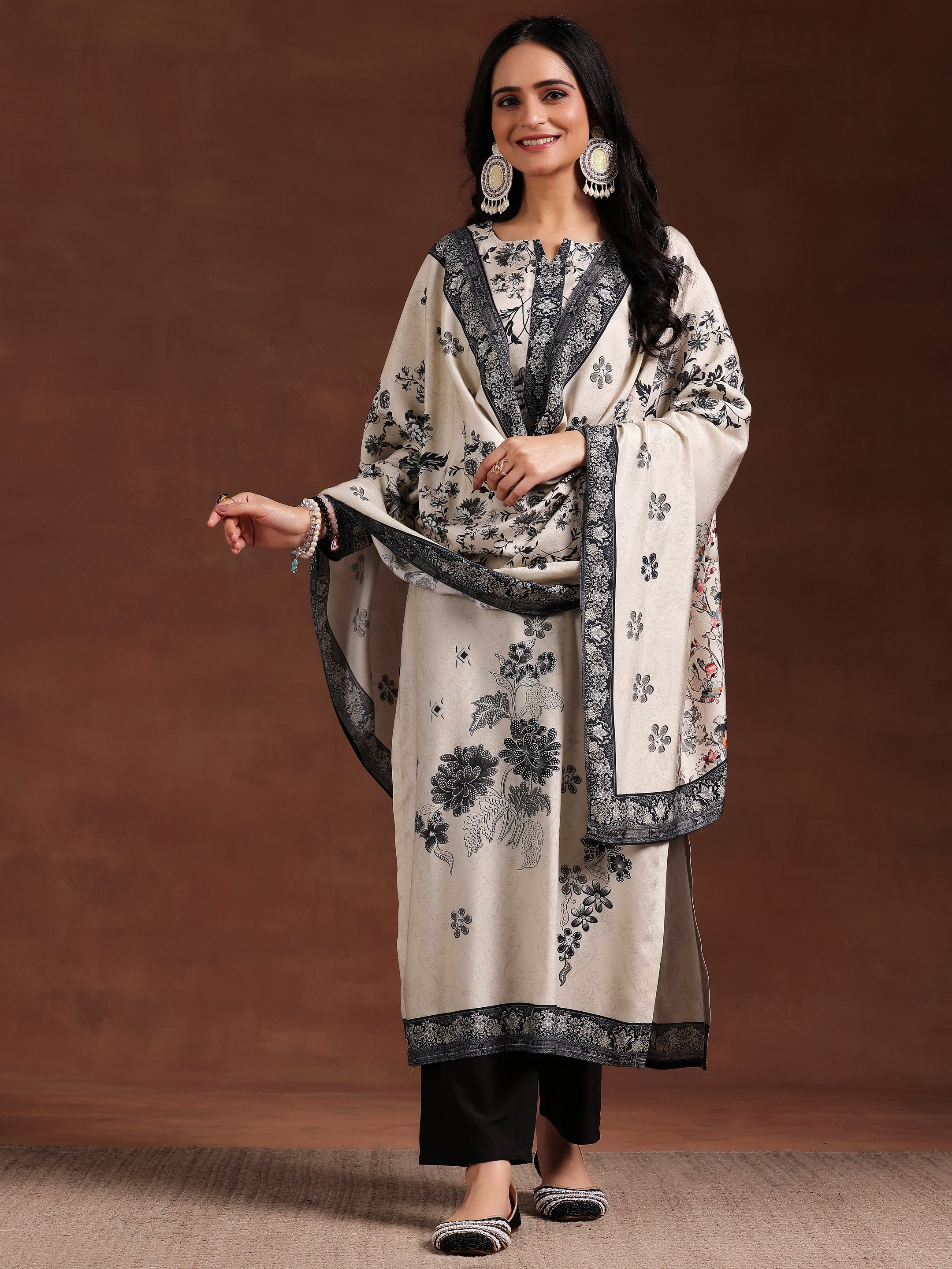 Monochrome Printed Silk Blend Straight Suit With Dupatta