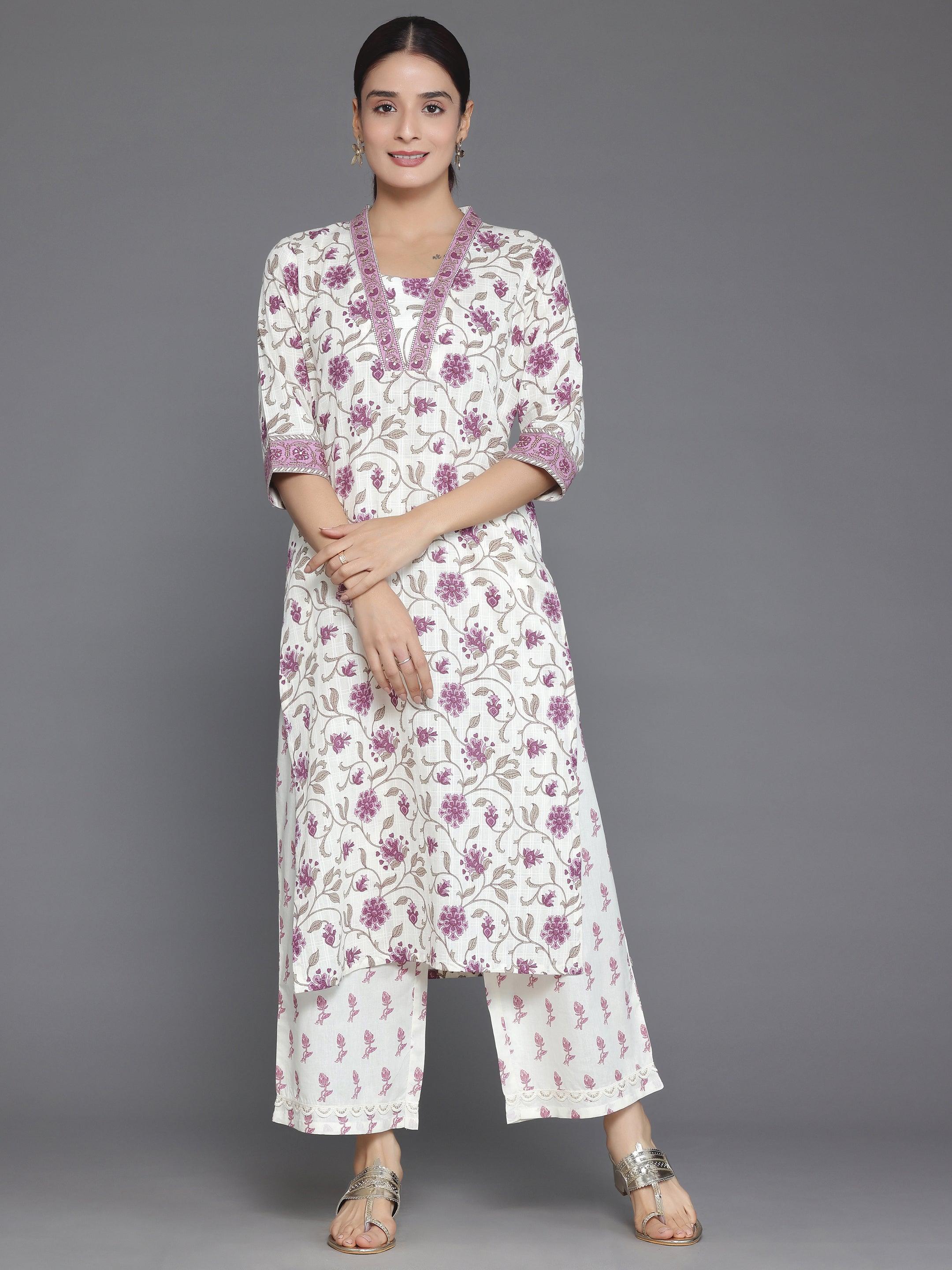 Off White Printed Cotton Straight Kurta