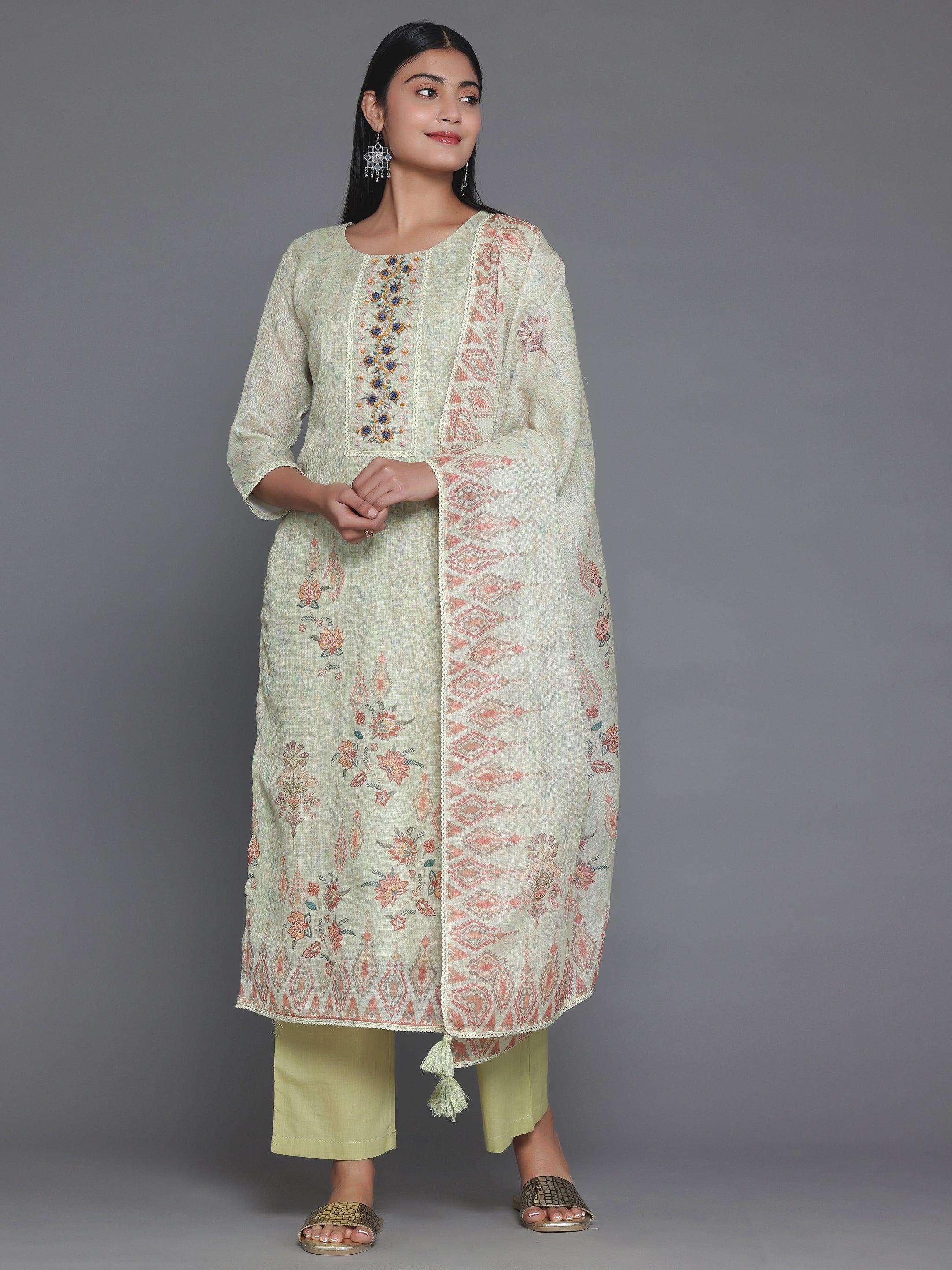 Green Printed Cotton Straight Suit With Dupatta