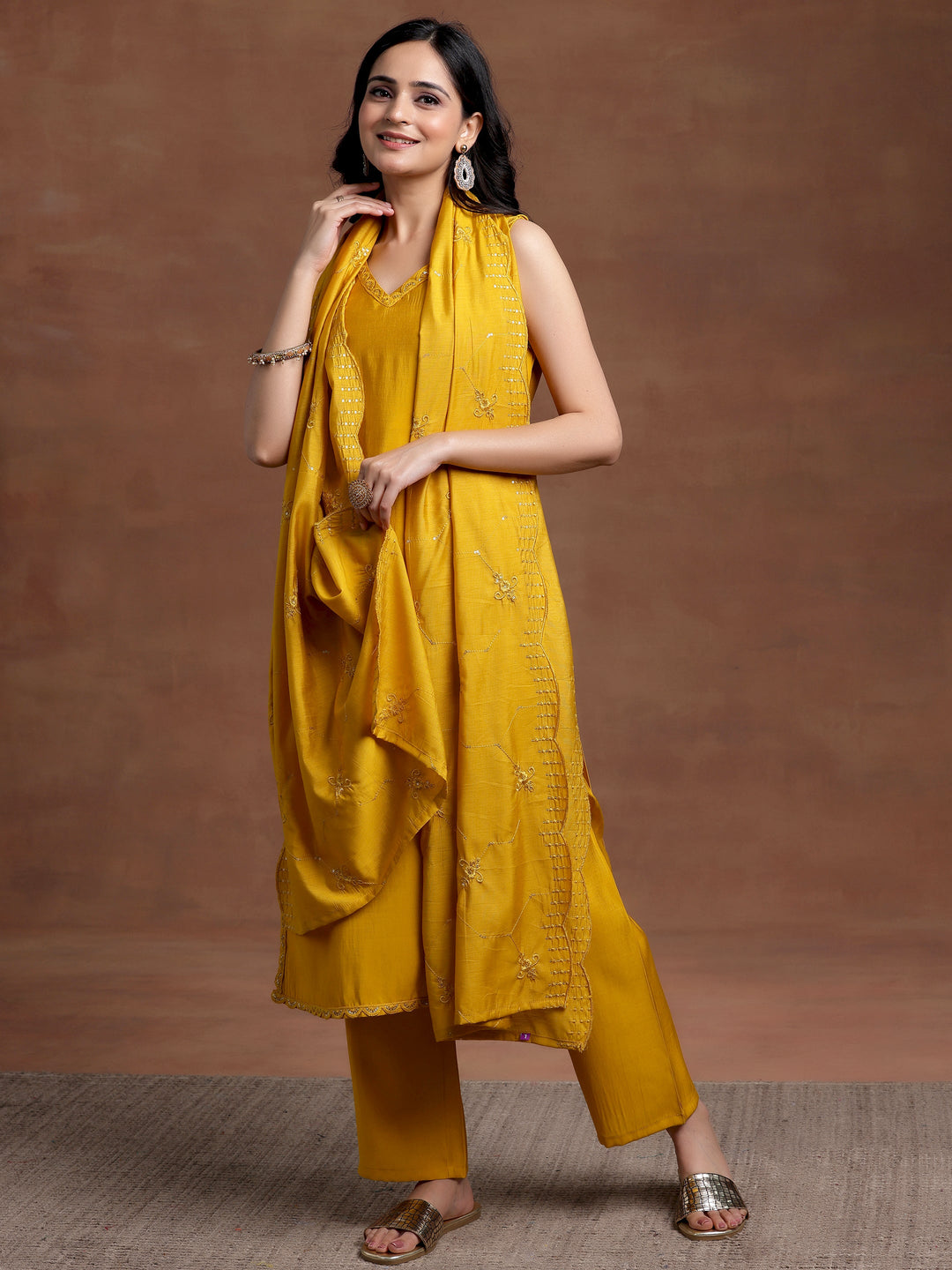 Mustard Solid Silk Blend Straight Suit With Dupatta