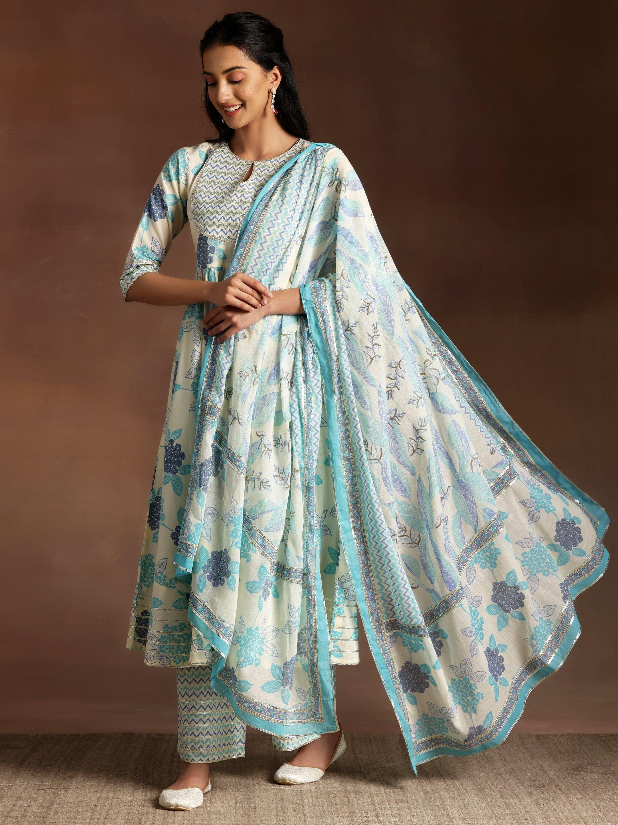 Turquoise Printed Cotton Anarkali Suit With Dupatta