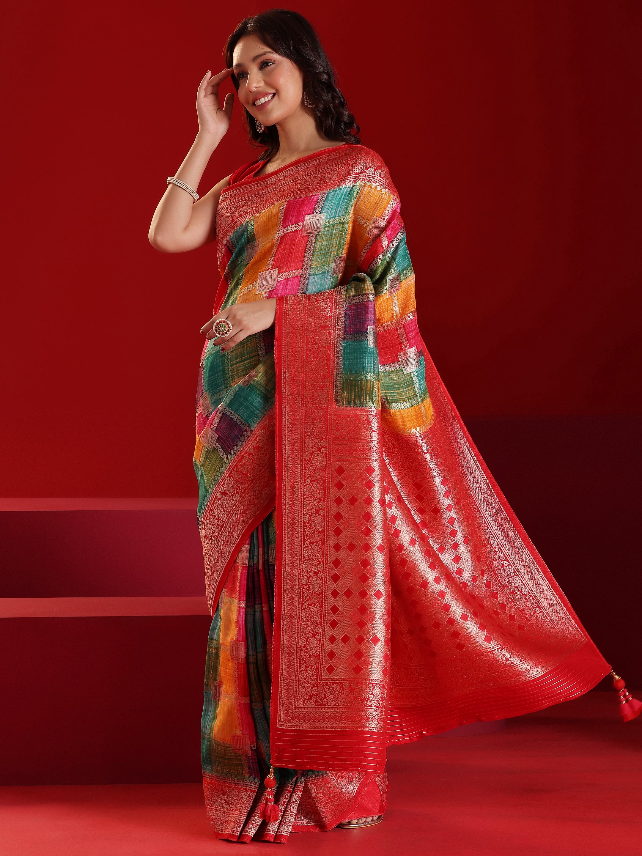 Libas Art Multicoloured Woven Design Satin Saree With Unstitched  Blouse Piece