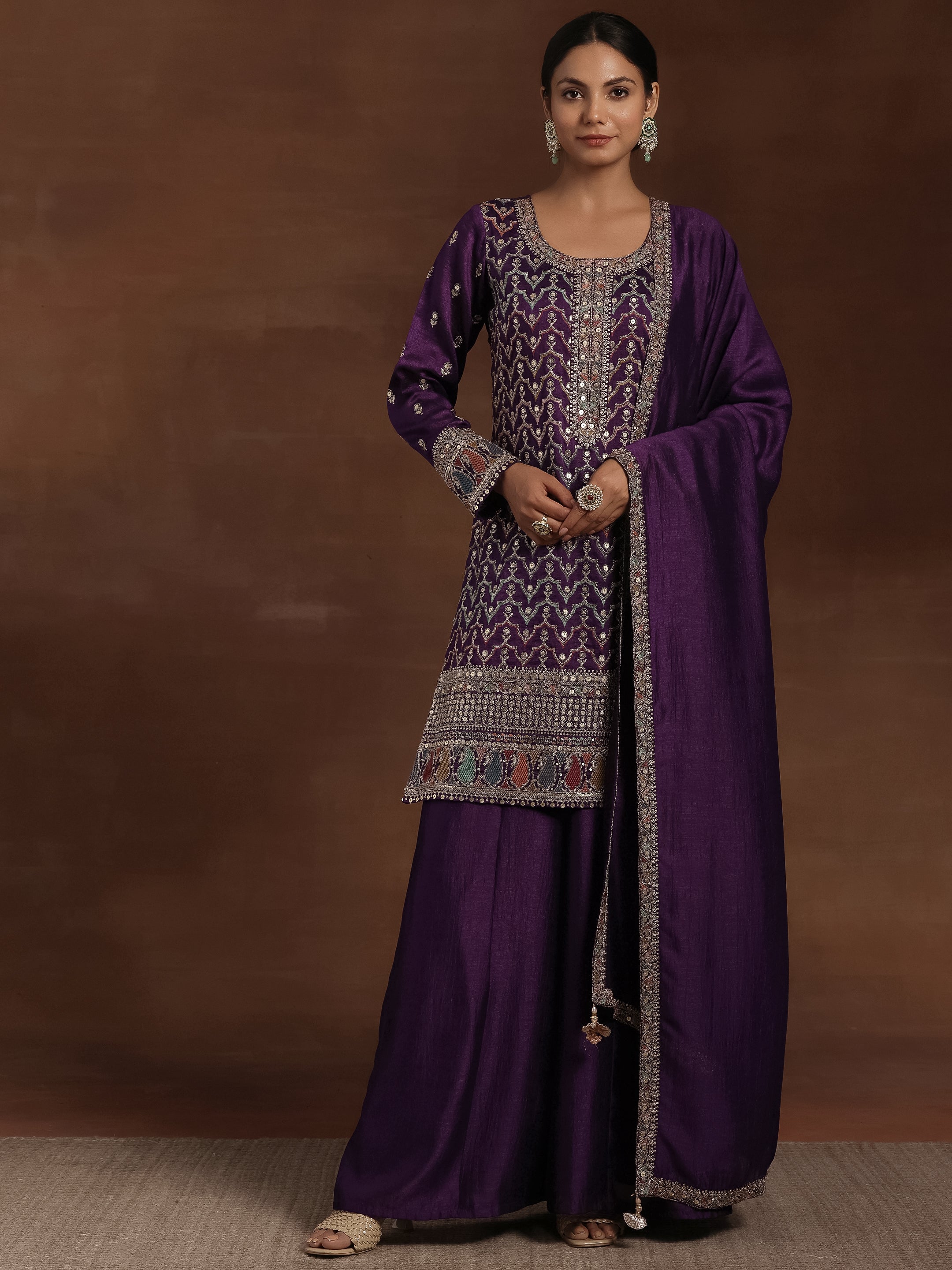 Adaa Purple Embroidered Silk Blend Straight Kurta With Palazzos & Dupatta