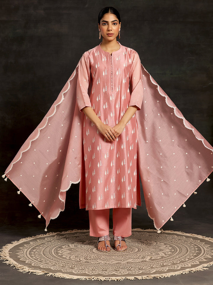 Peach Embroidered Chanderi Silk Straight Suit With Dupatta