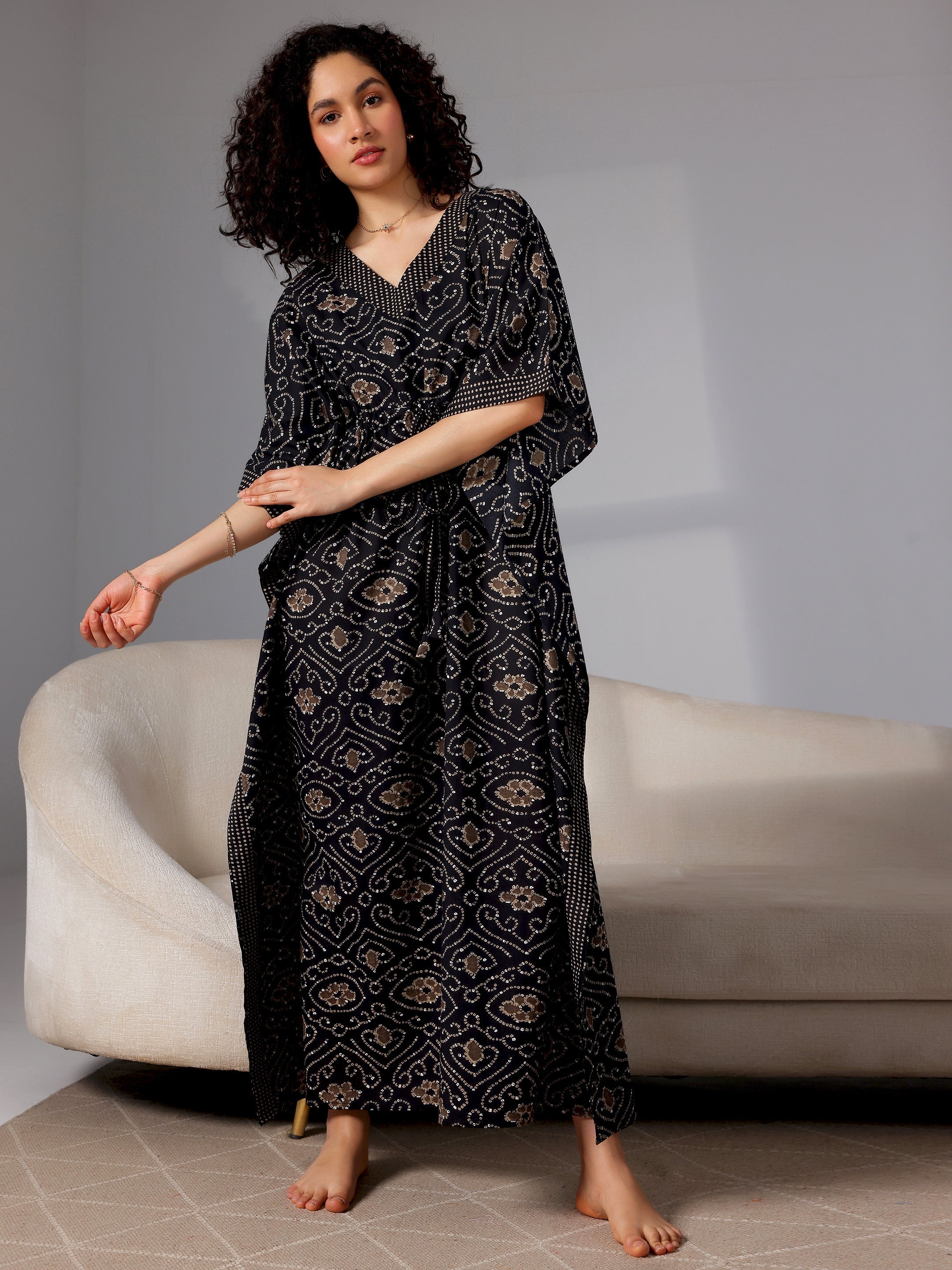 Black Printed Cotton Kaftan Night Dress