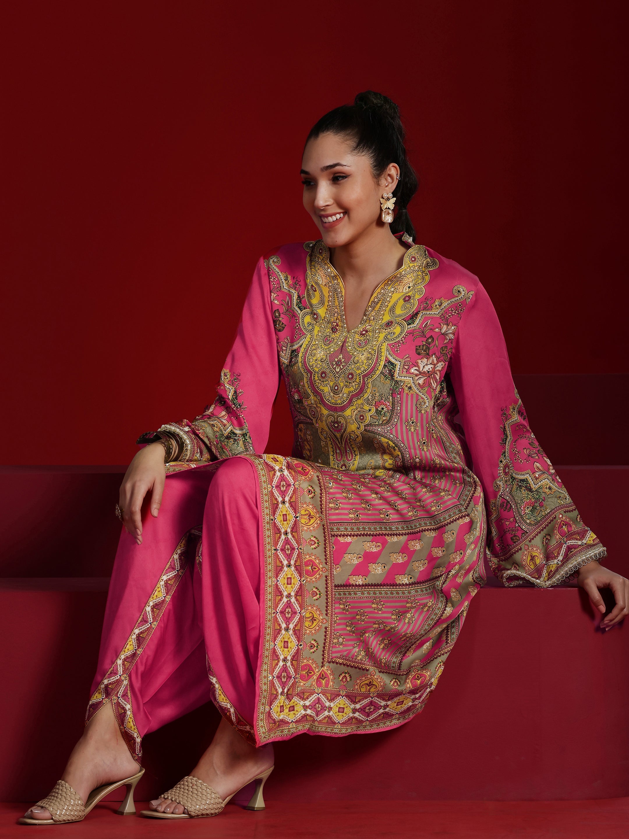 Libas Art Coral Printed Silk Blend Kaftan Kurta With Dhoti Pants