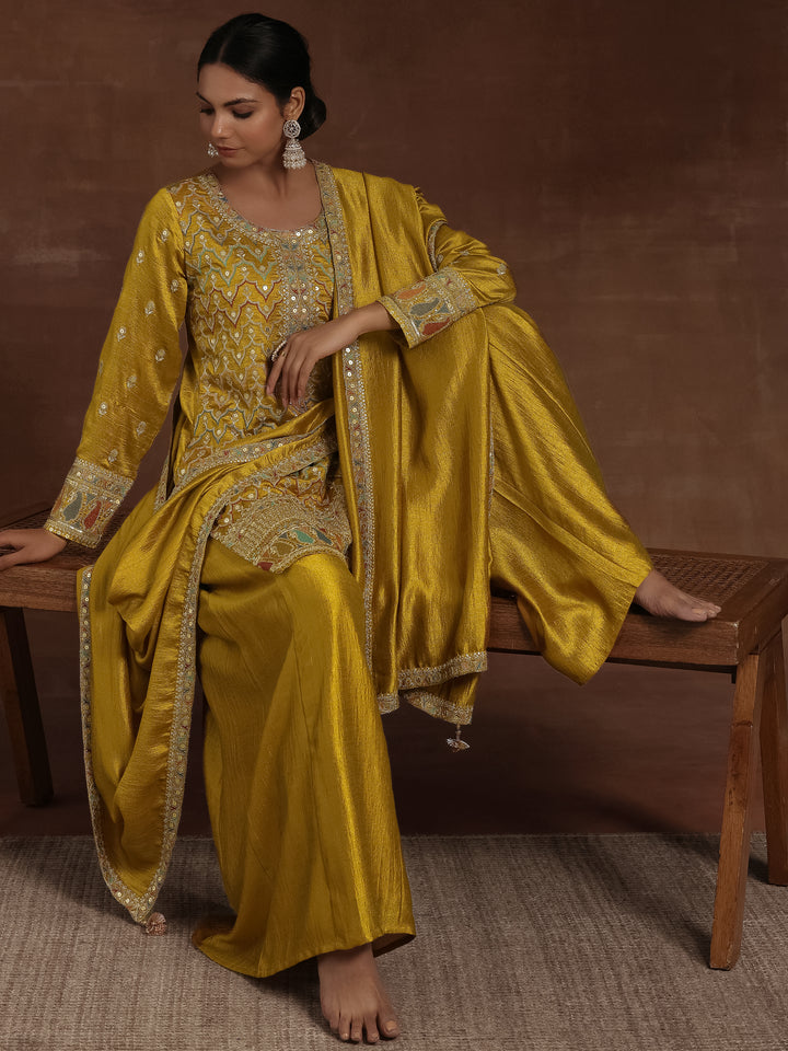 Mustard Embroidered Silk Blend Straight Kurta With Palazzos & Dupatta