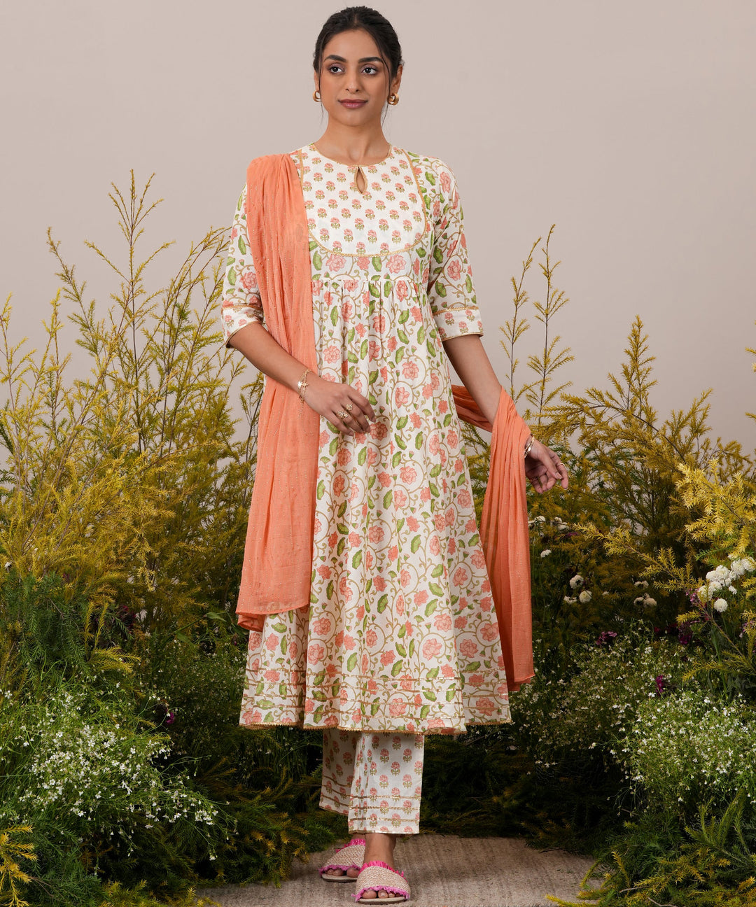 Off White Yoke Design Cotton Anarkali Kurta With Trousers & Dupatta - ShopLibas