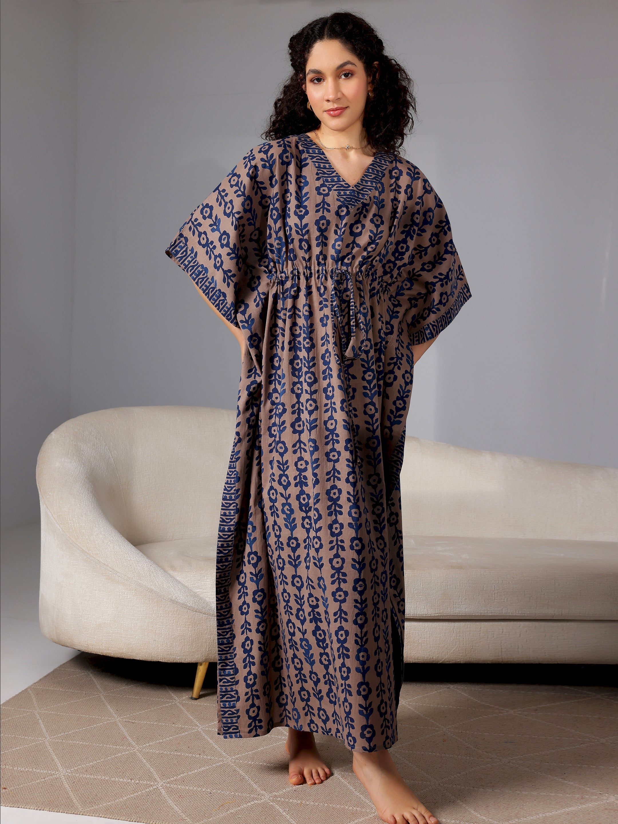 Blue Printed Cotton Kaftan Night Dress