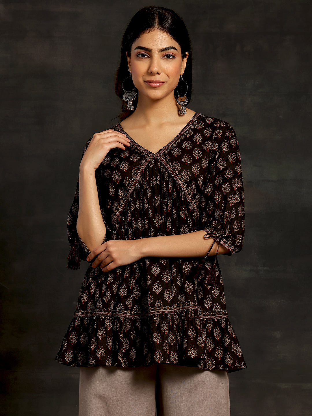 Black Printed Cotton A-Line Kurti