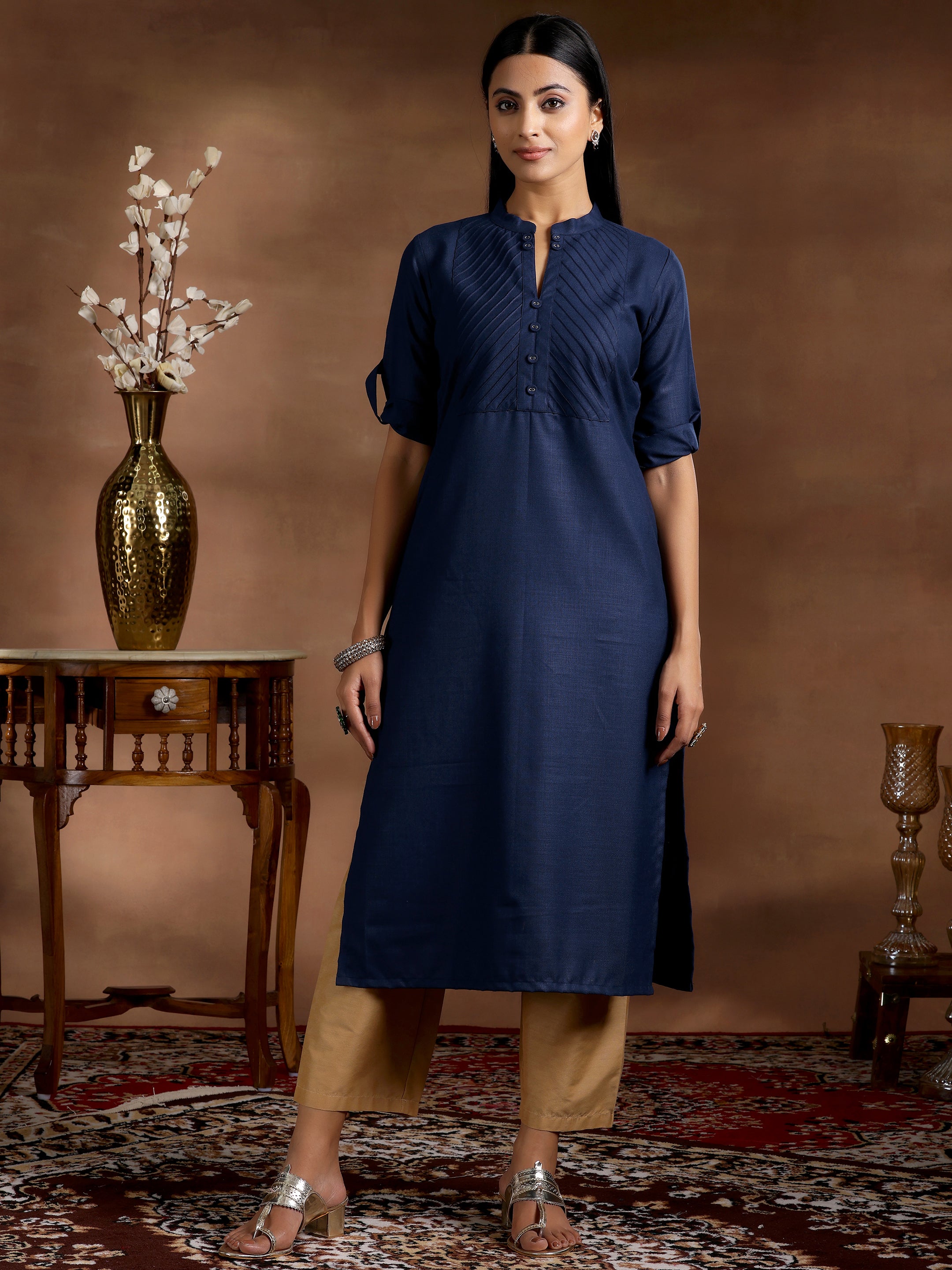 Blue Solid Silk Straight Kurta