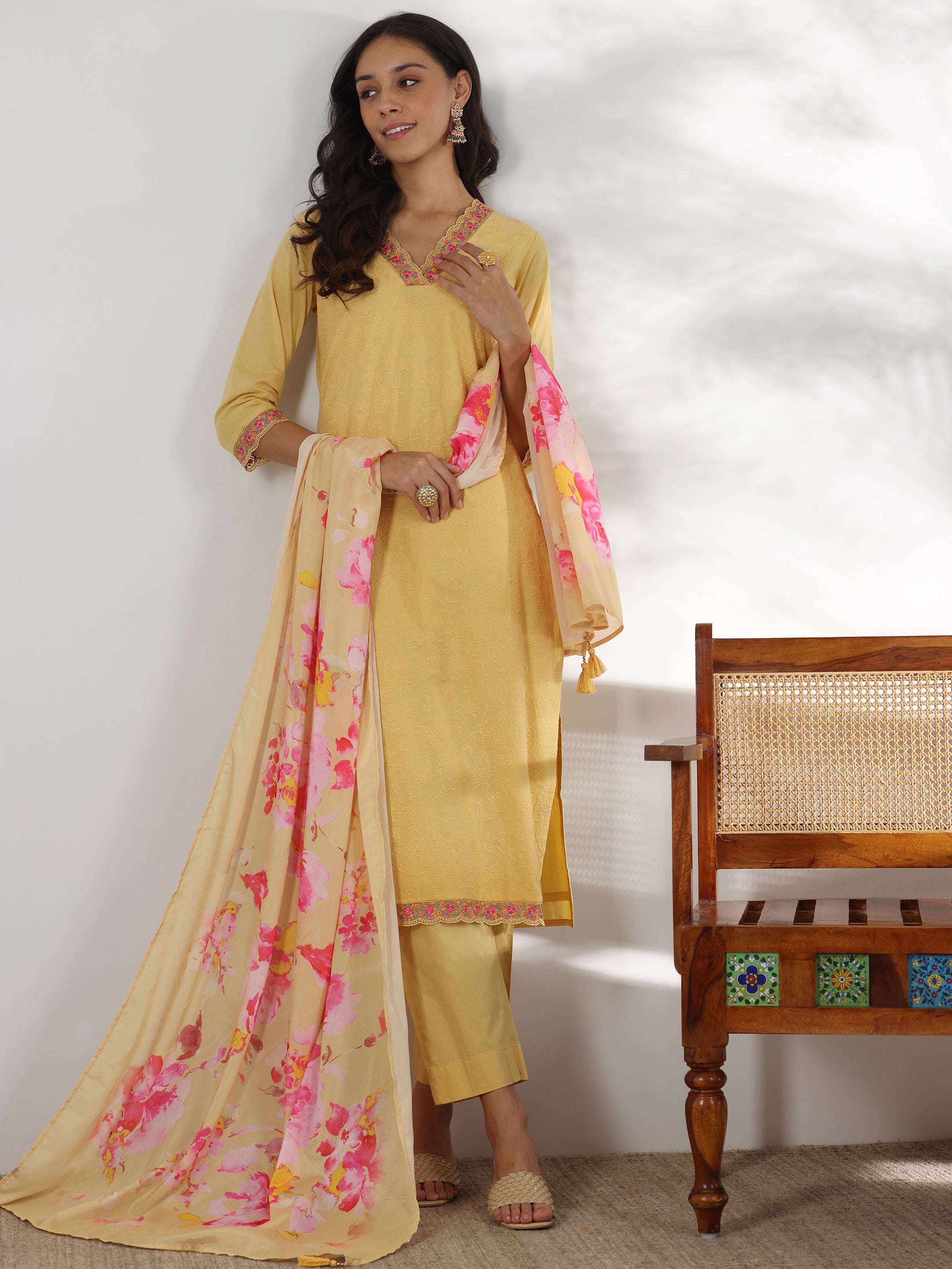 Lime Embroidered Cotton Straight Suit With Dupatta