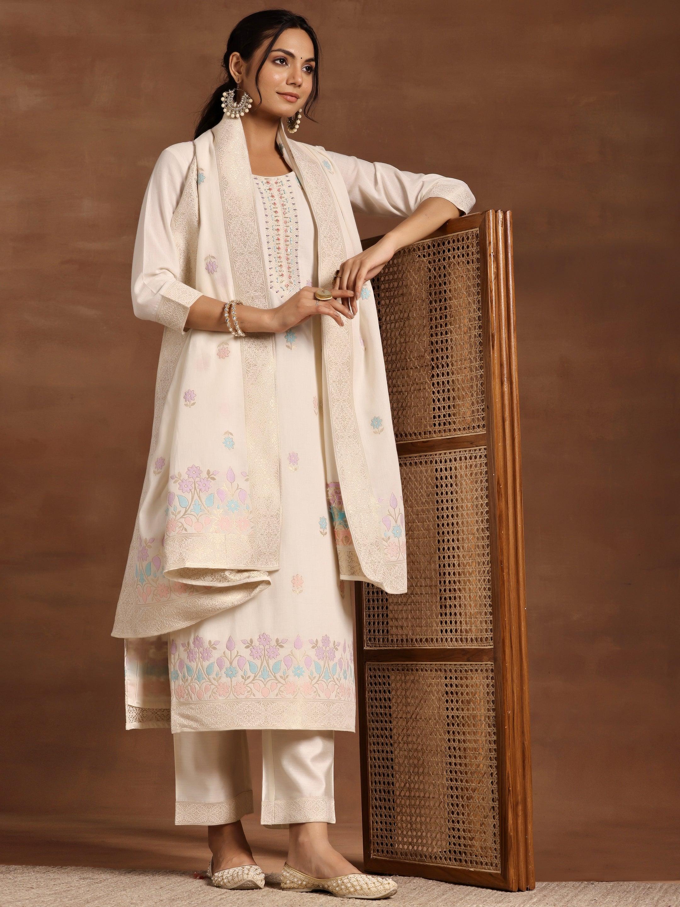 Off White Woven Design Linen Straight Suit With Dupatta