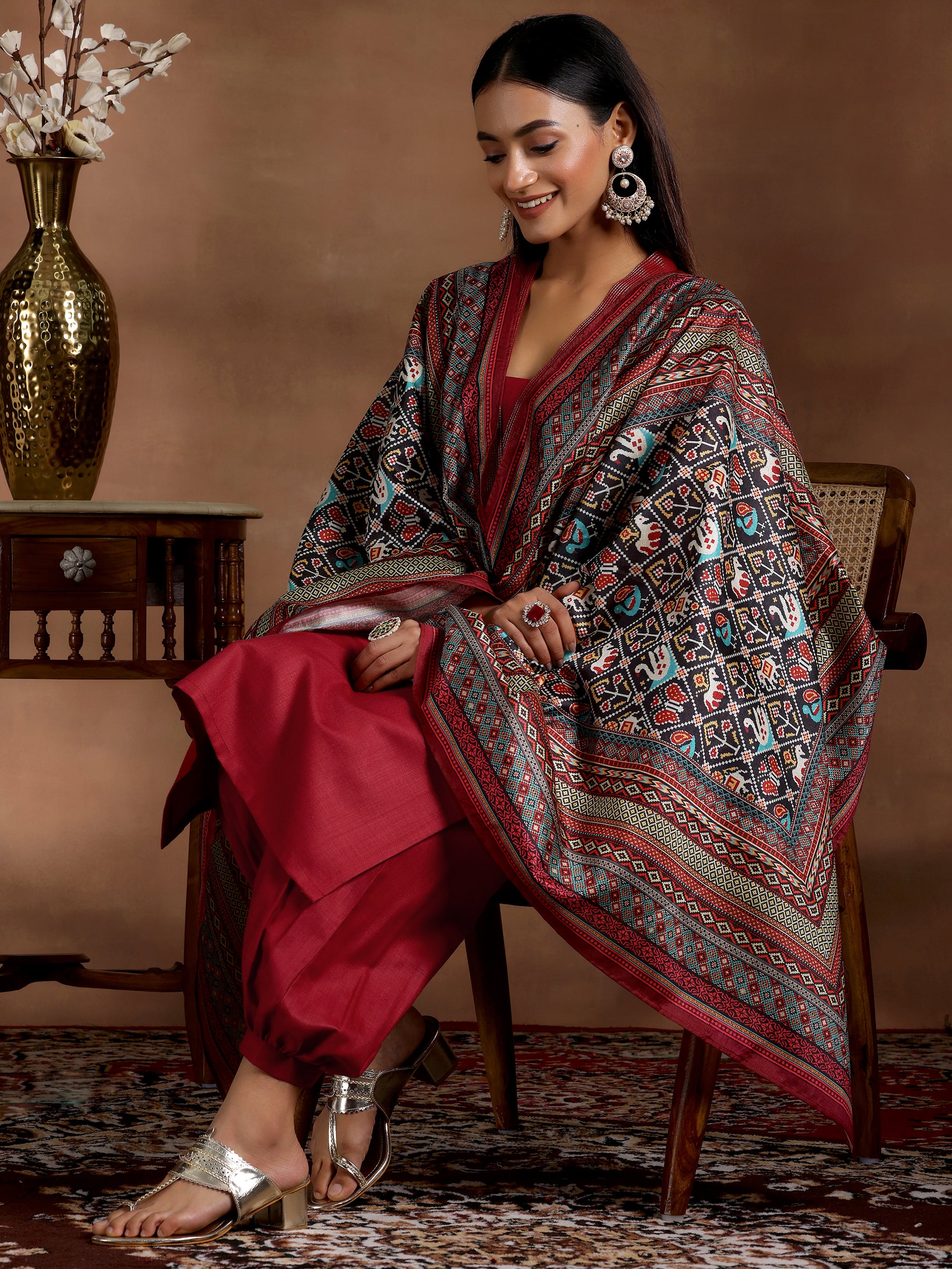 Maroon Solid Silk Blend Straight Suit With Dupatta