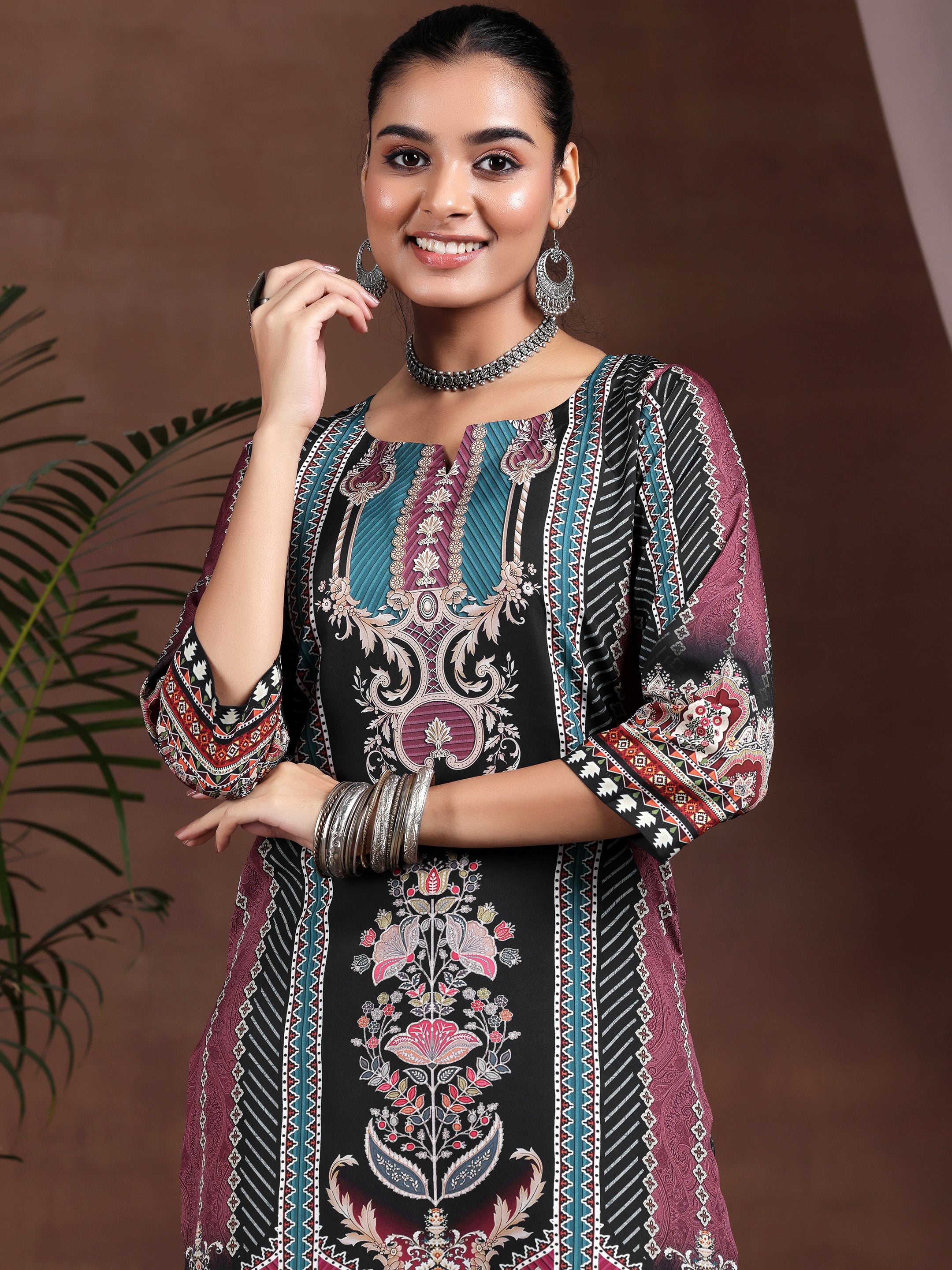 Black Printed Poly Crepe Straight Suit With Dupatta