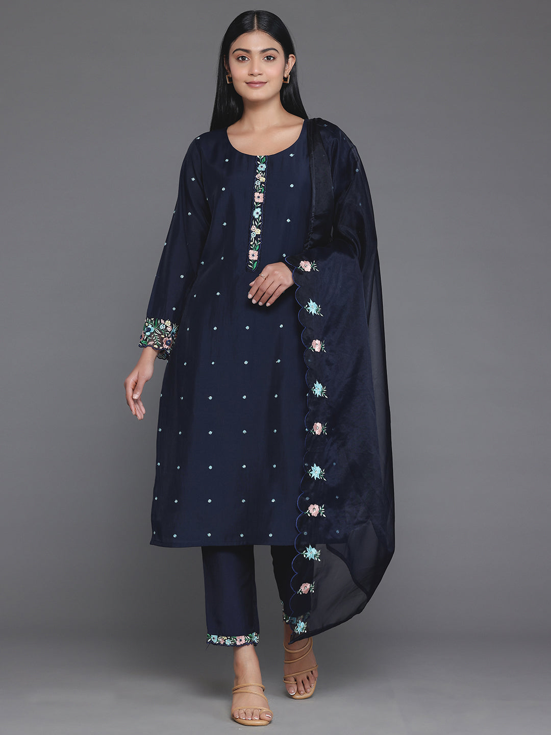 Blue Embroidered Silk Blend Straight Suit With Dupatta