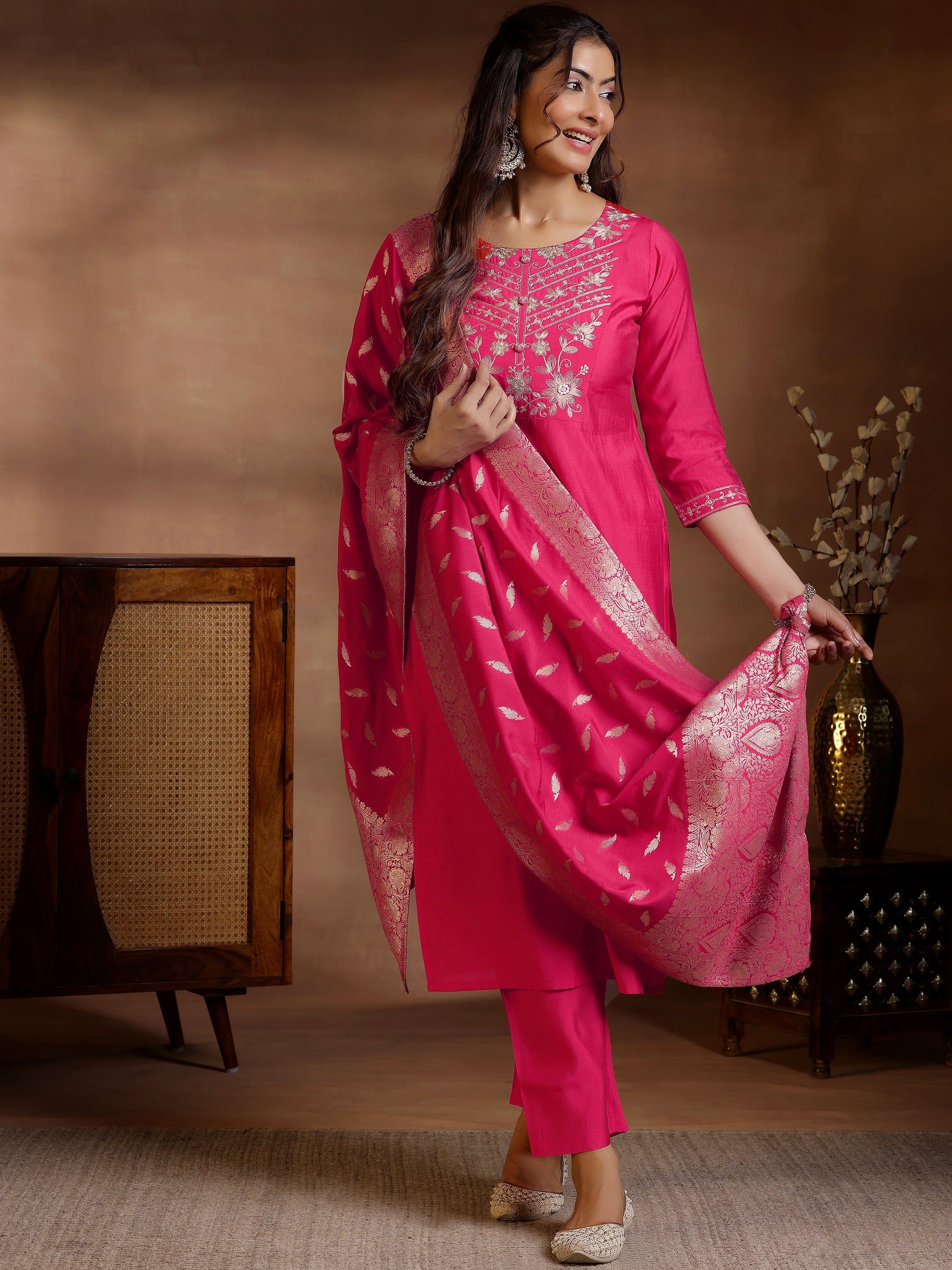 Pink Yoke Design Silk Blend Straight Suits With Dupatta