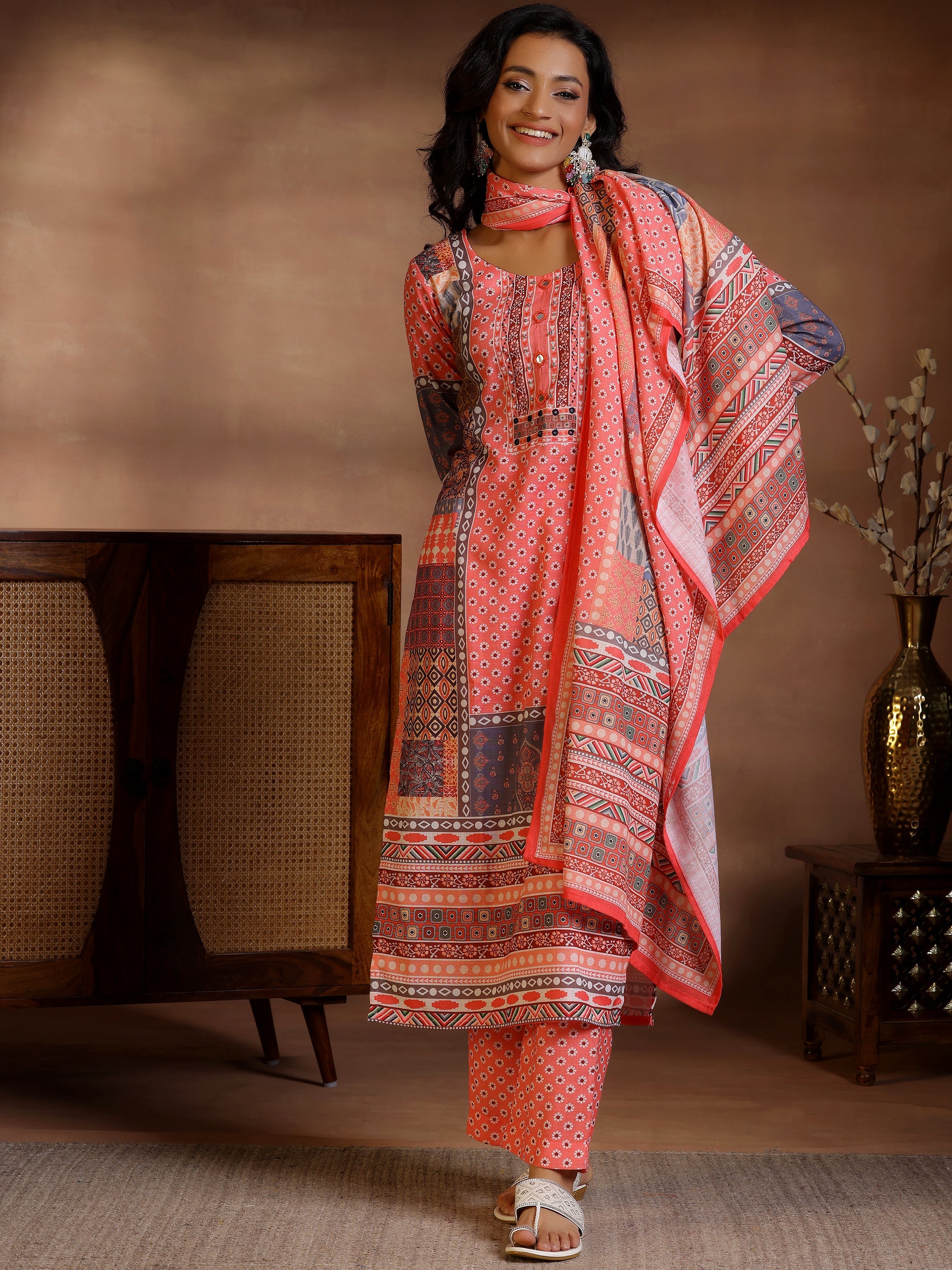 Multicoloured Printed Linen Straight Suit With Dupatta