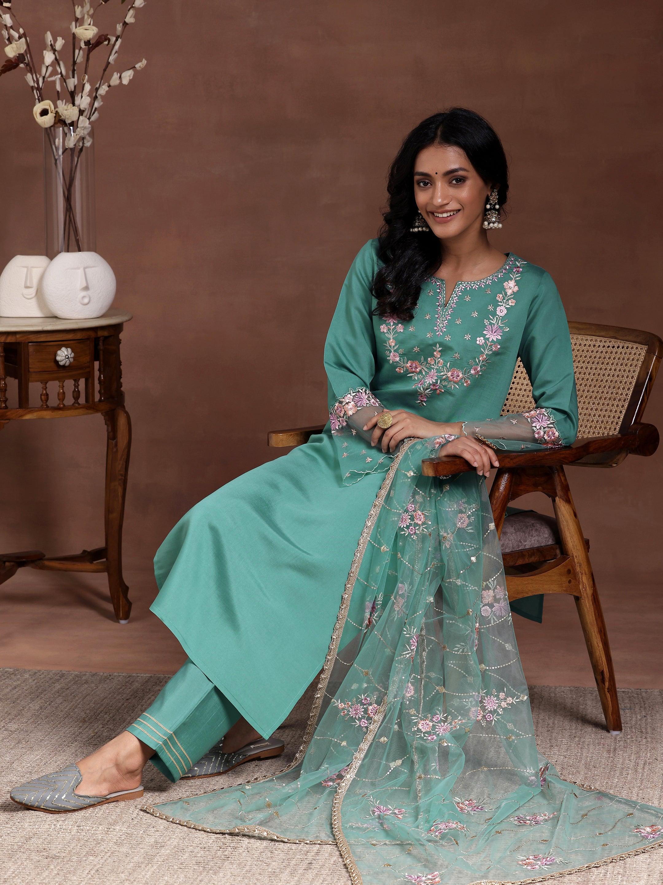 Green Yoke Design Silk Blend Straight Suit With Dupatta