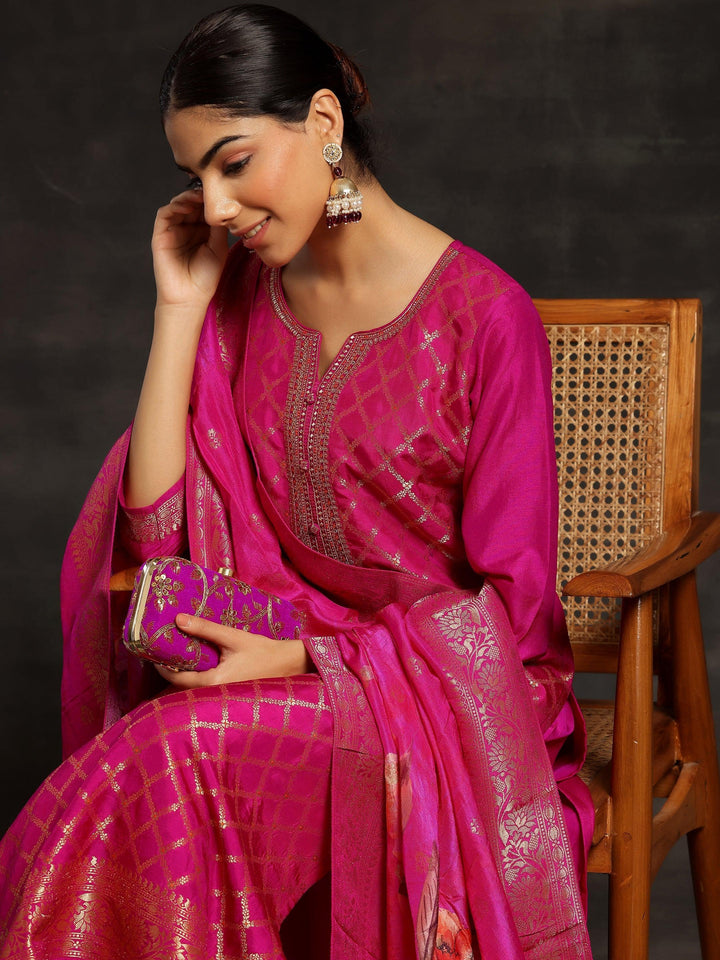 Pink Woven Design Silk Blend Straight Kurta With Trousers & Dupatta - ShopLibas