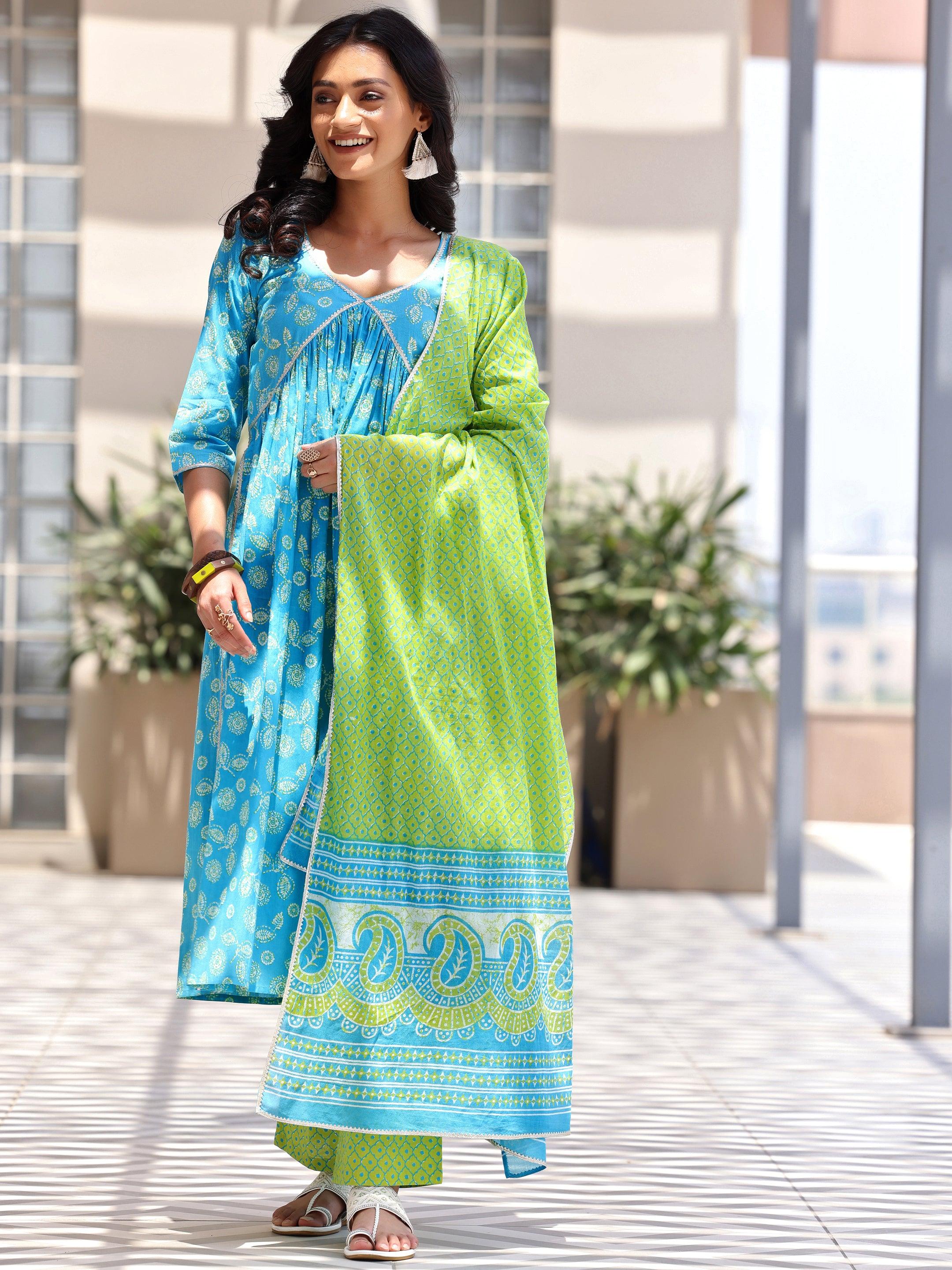 Blue Printed Cotton A-Line Kurta With Palazzos & Dupatta