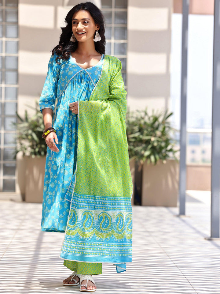 Blue Printed Cotton A-Line Kurta With Palazzos & Dupatta - Libas