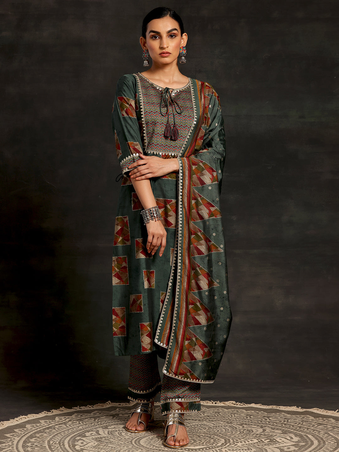 Green Printed Silk Blend Straight Suit With Dupatta