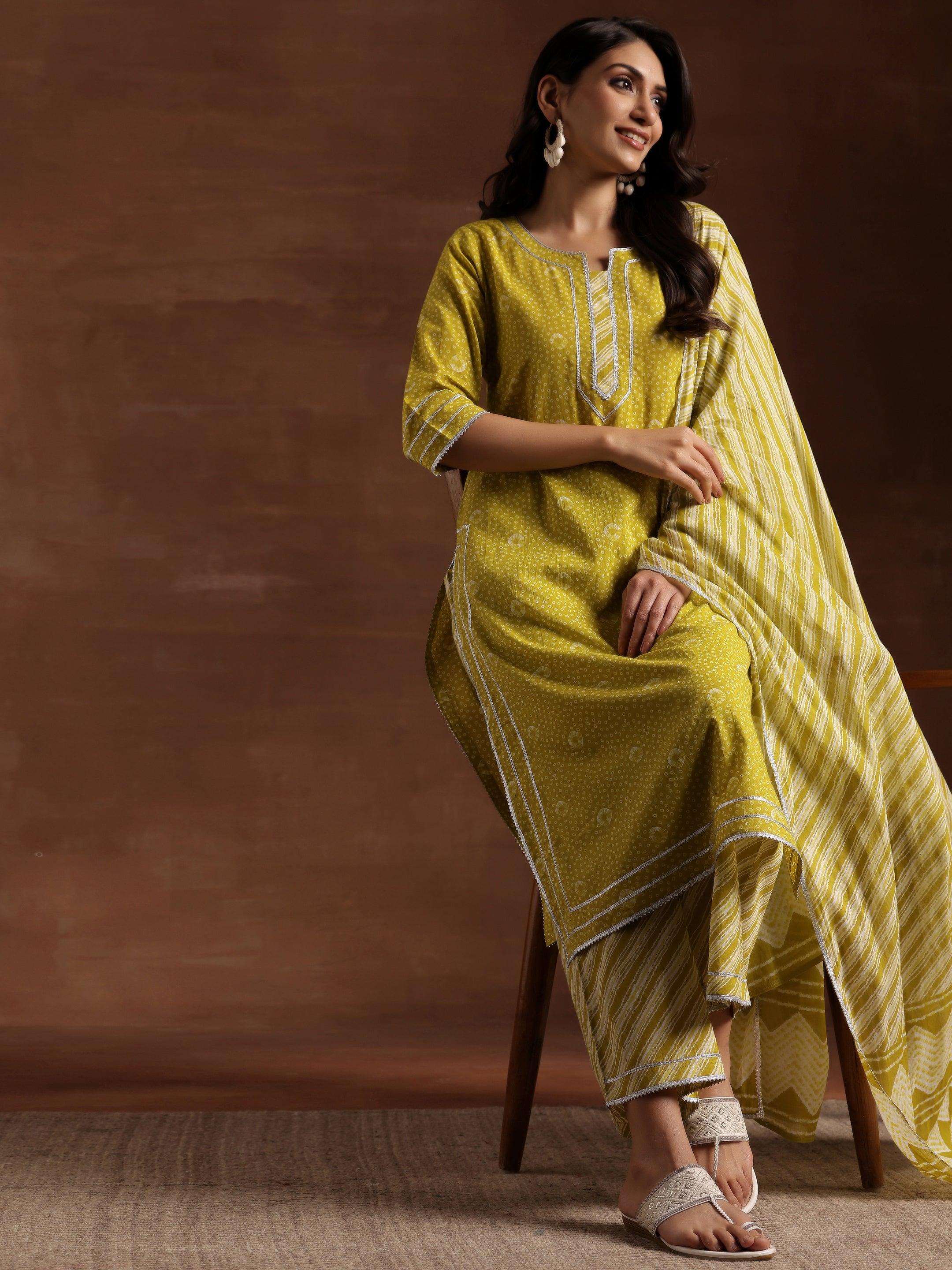 Lime Green Printed Cotton Straight Suit With Dupatta