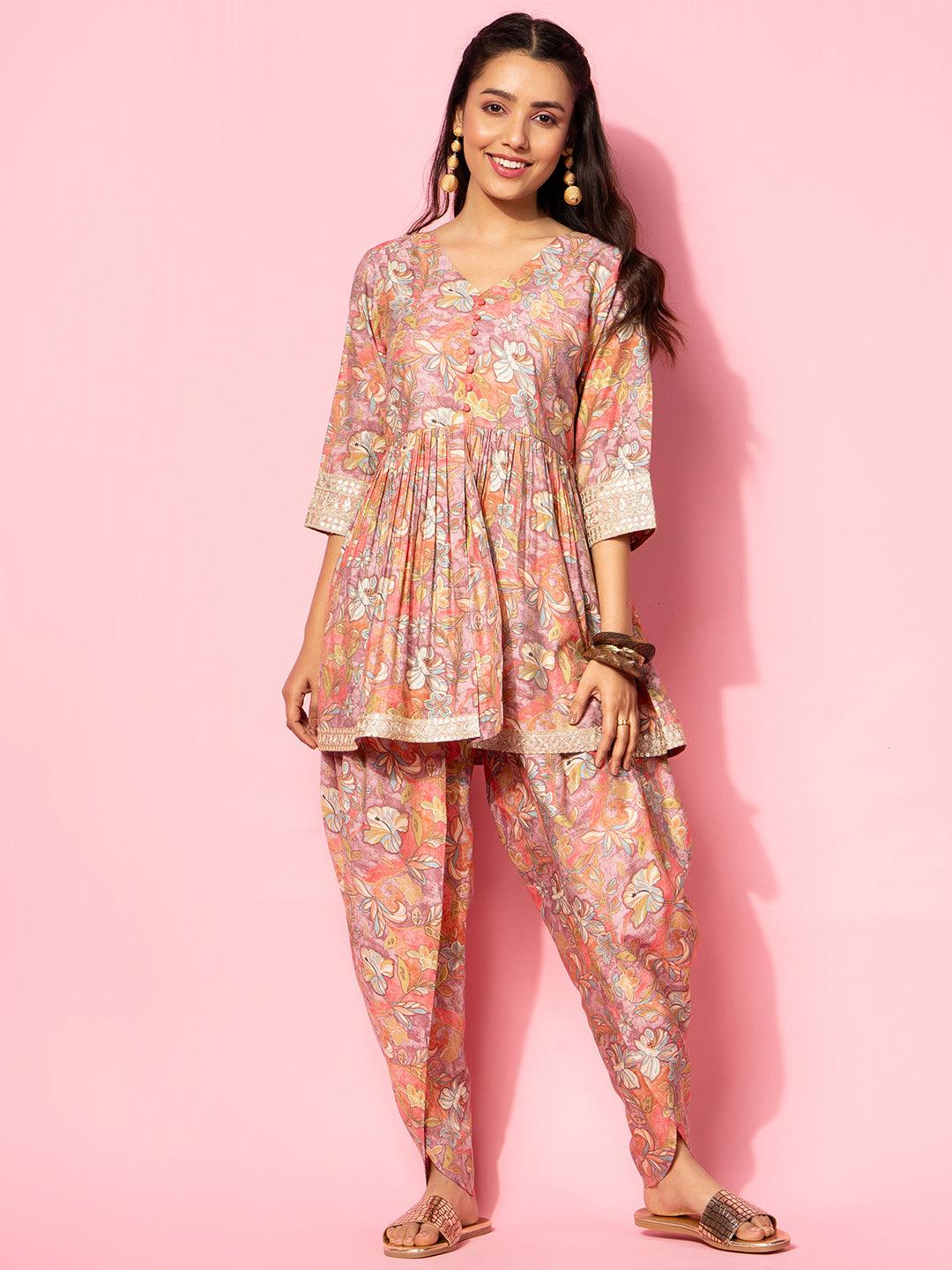 Peach Printed Silk Blend Co-Ords