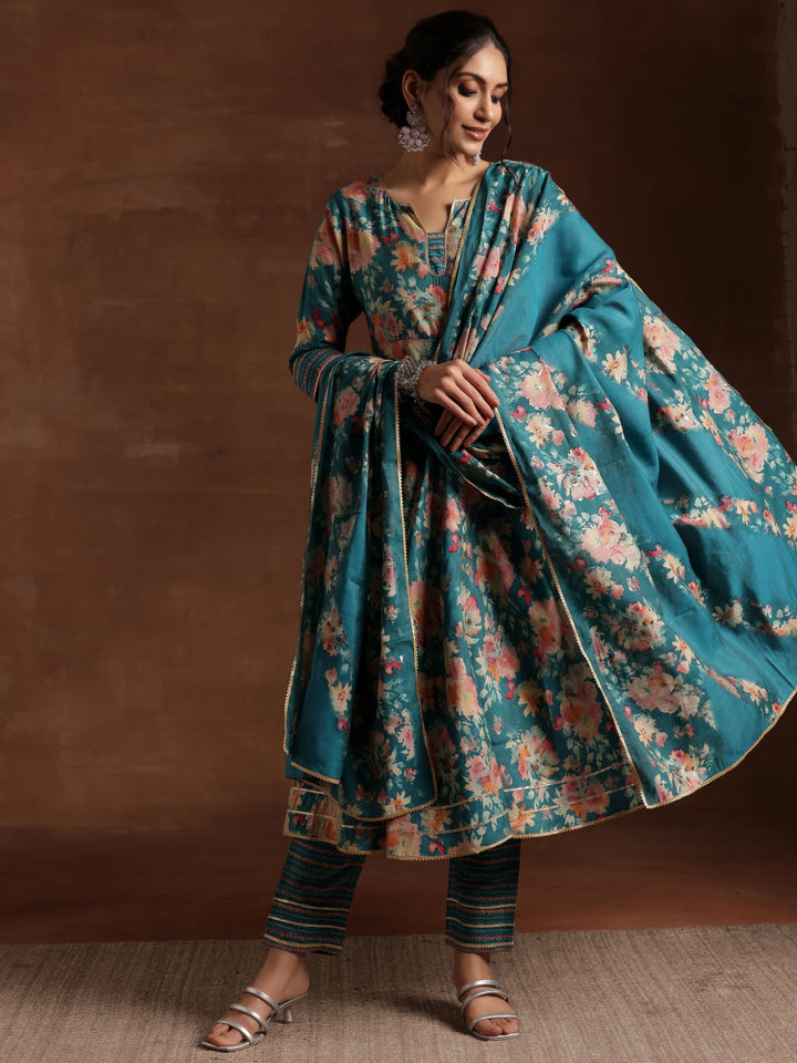 Blue Printed Silk Blend Anarkali Suit With Dupatta