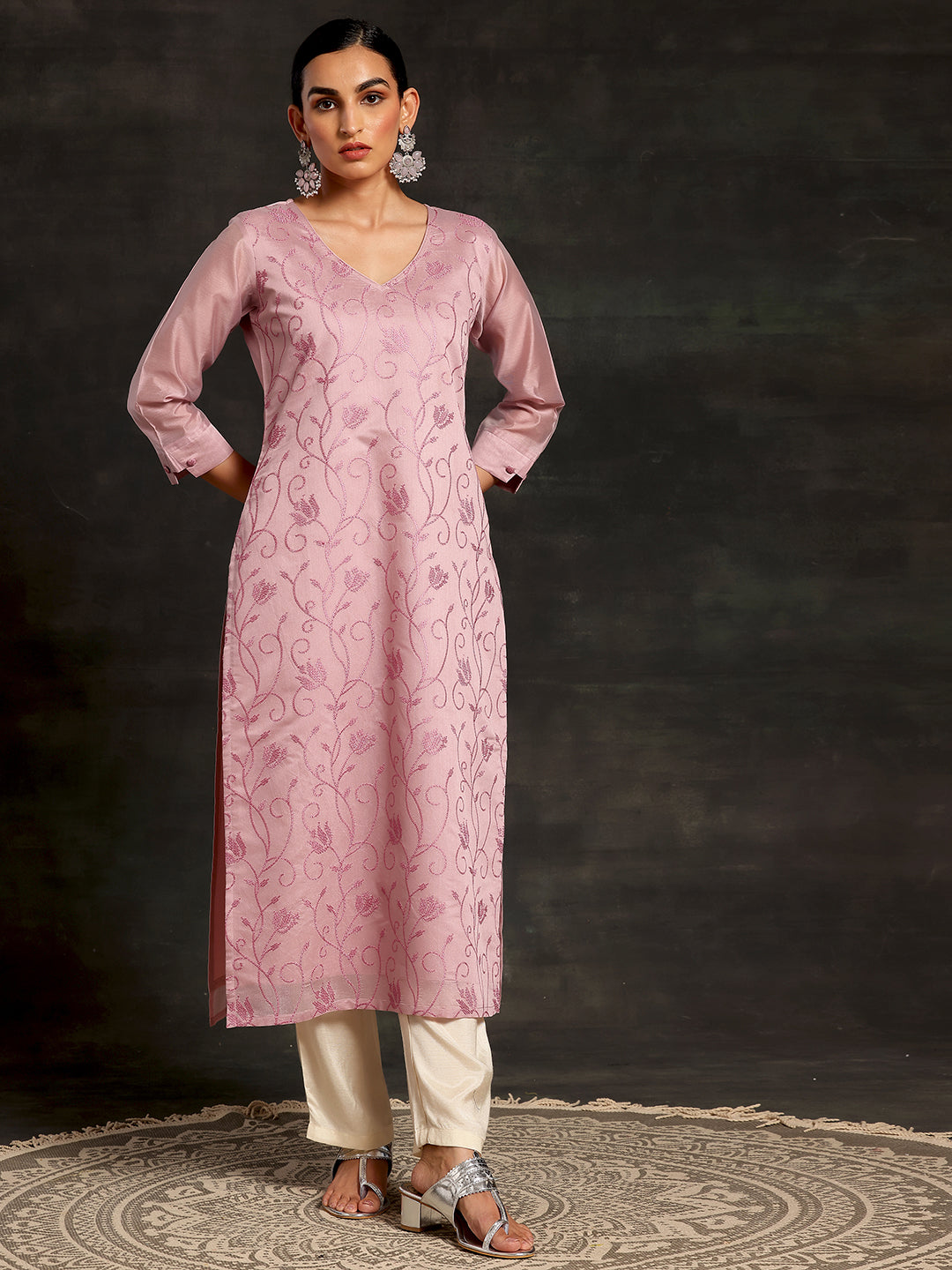 Mauve Embroidered Silk Straight Kurta