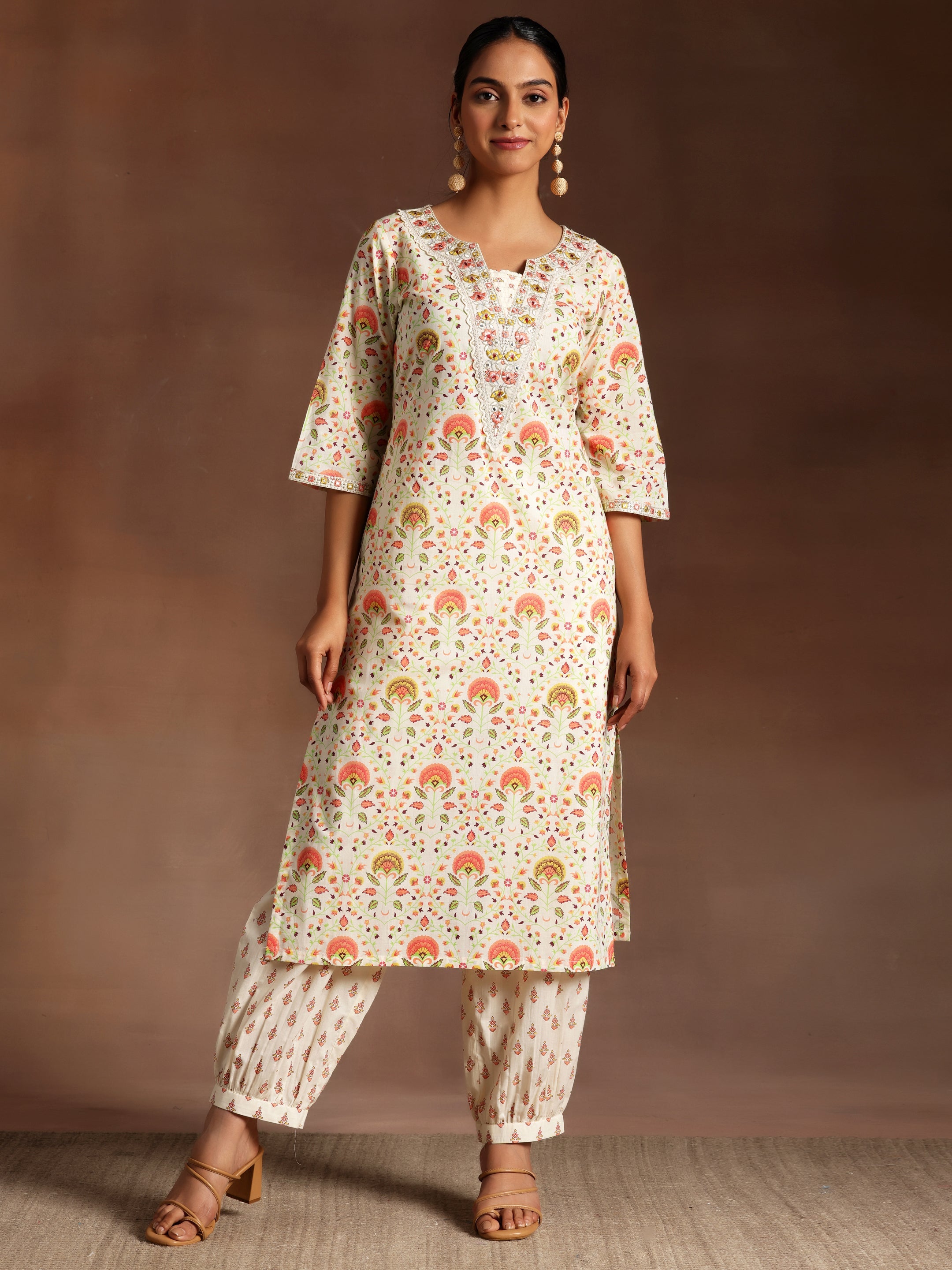 Off White Printed Cotton Straight Kurta Set