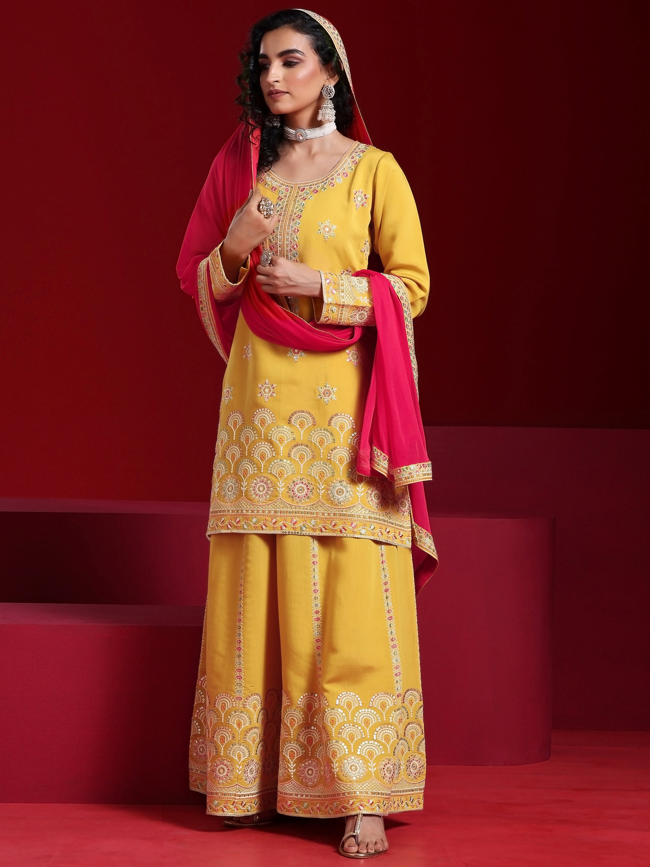 Libas Art Yellow Embroidered Silk Blend Straight Suit With Dupatta