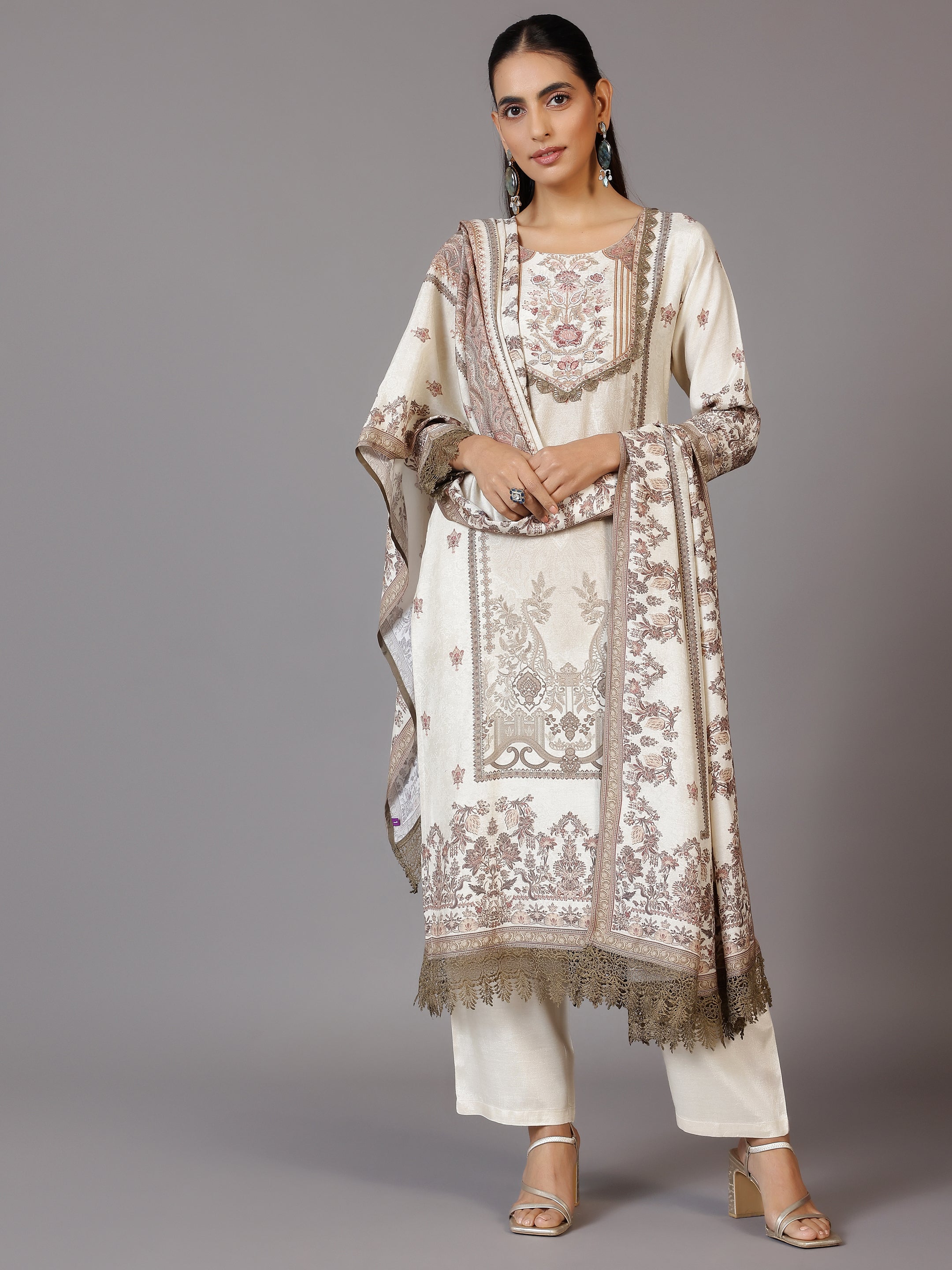 Beige Printed Silk Blend Straight Suit With Dupatta