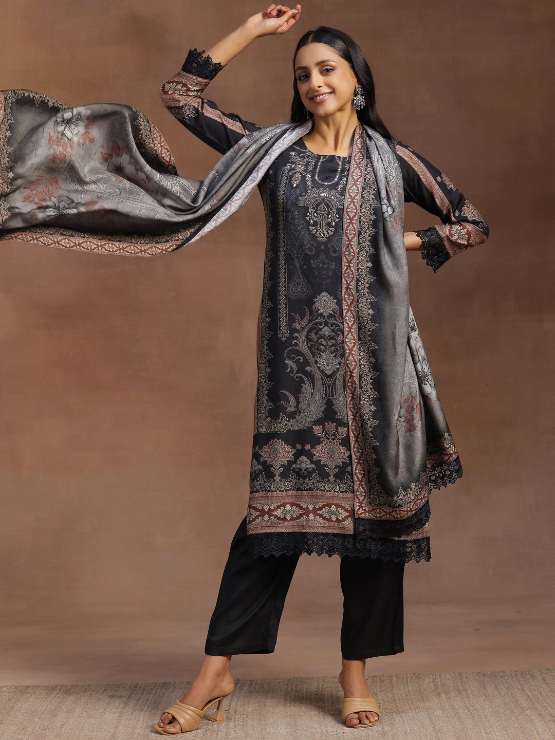 Grey Printed Silk Blend Straight Suit With Dupatta