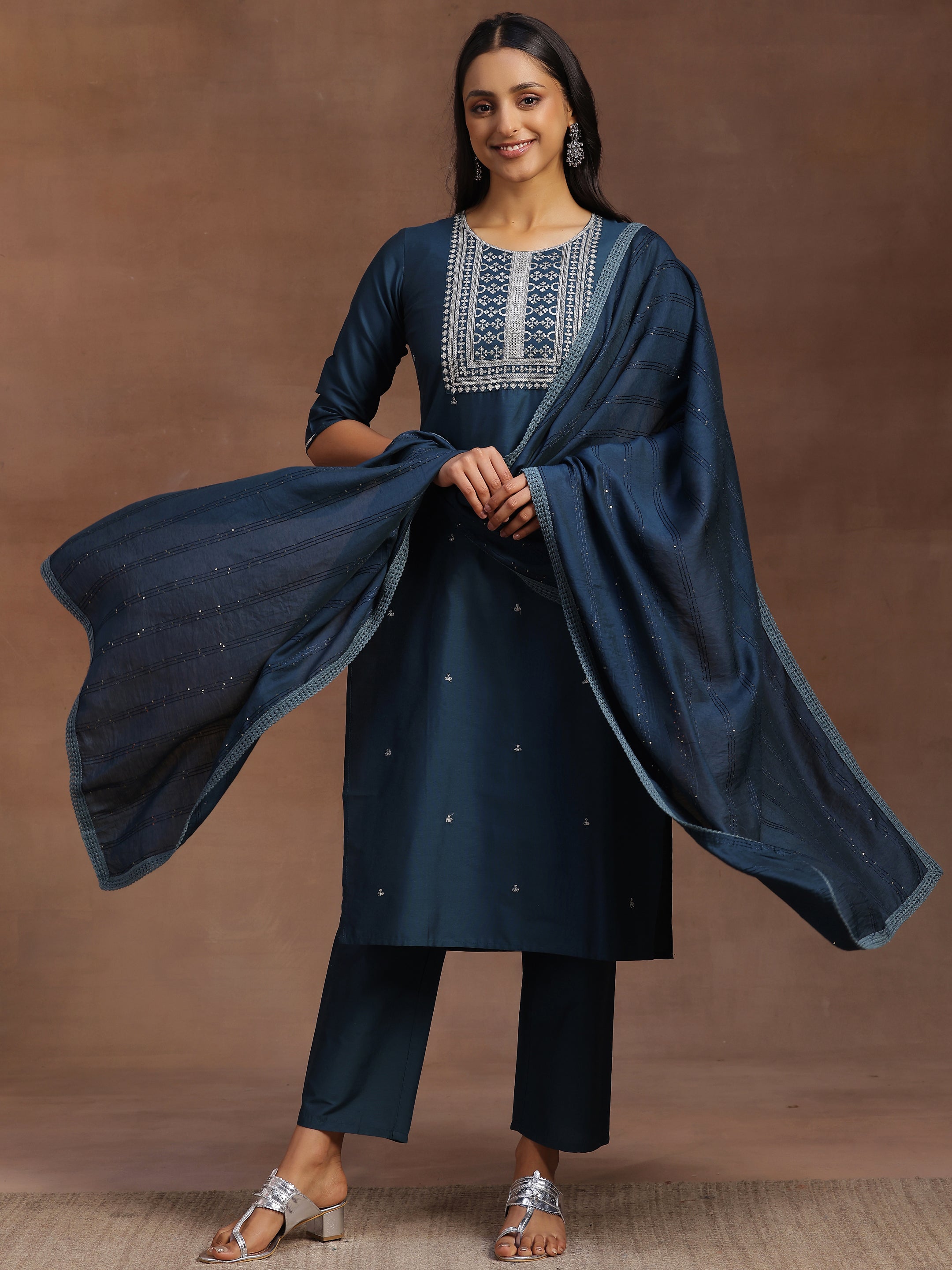 Blue Yoke Design Silk Blend Straight Suit With Dupatta