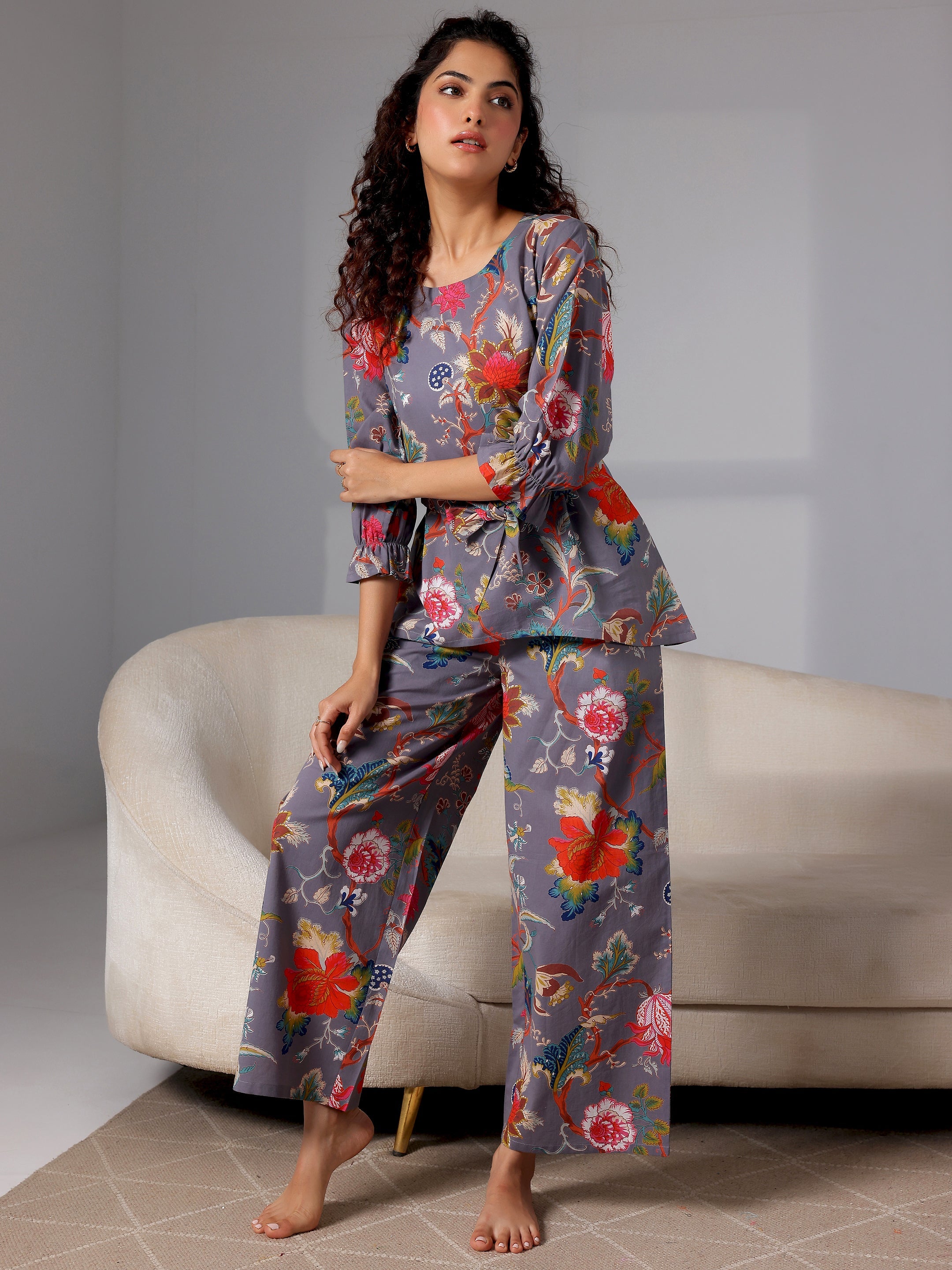 Grey Printed Cotton Night Suits