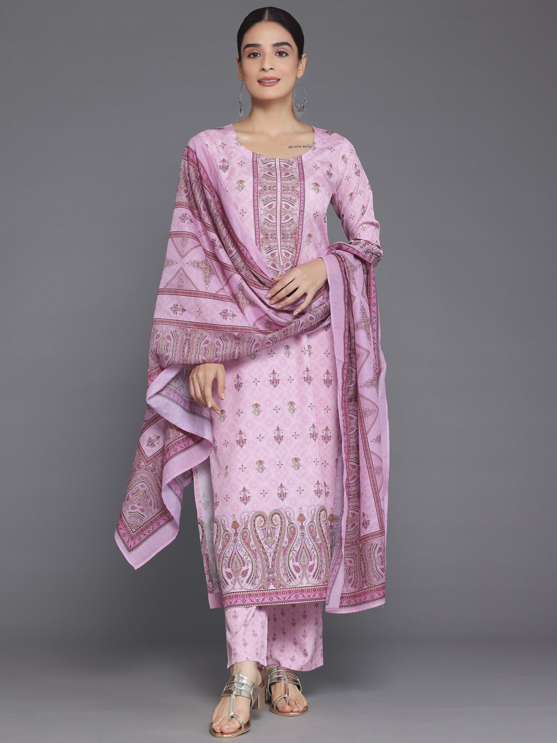 Pink Printed Poly Crepe Straight Suit With Dupatta