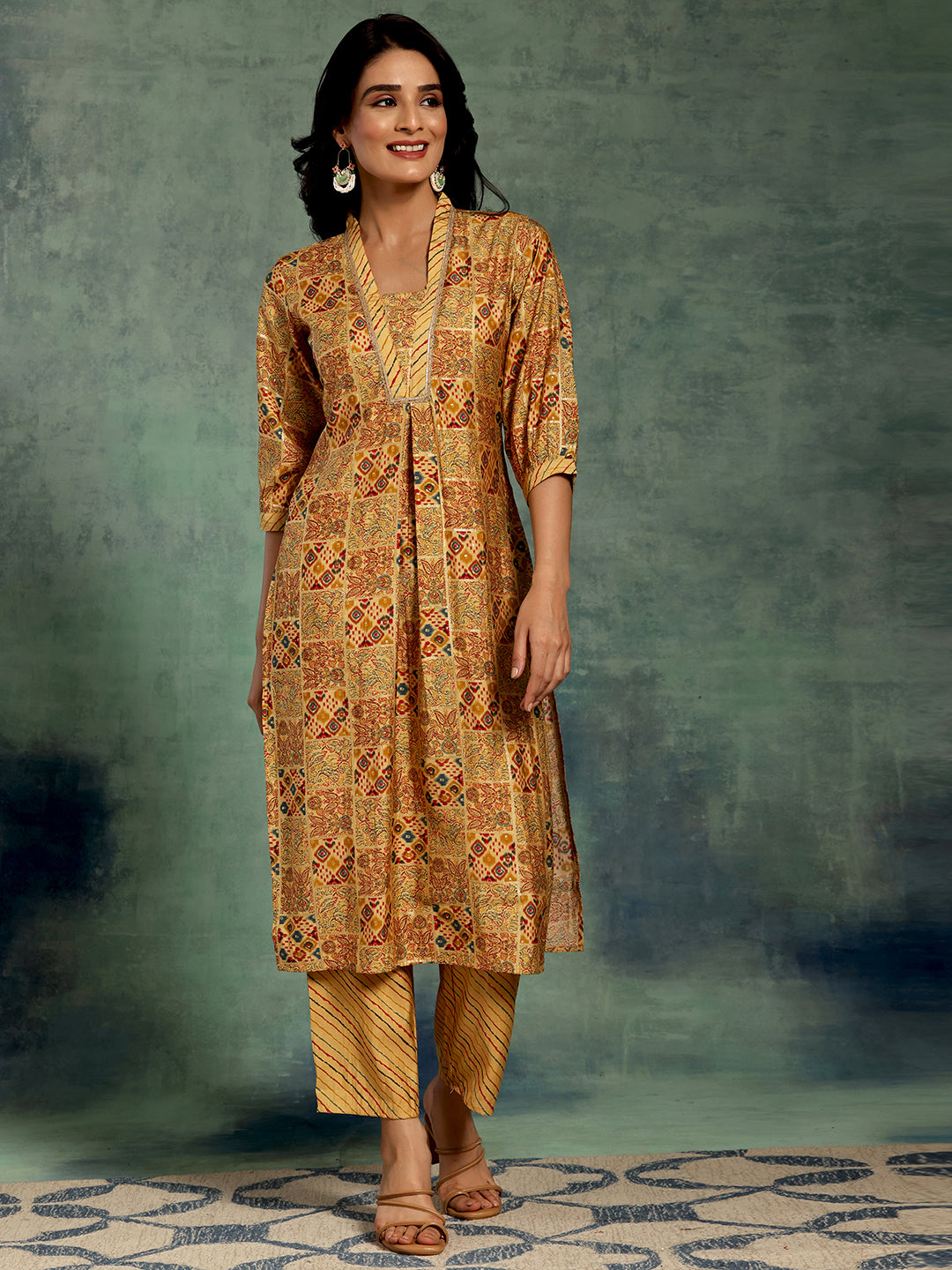 Yellow Printed Silk Blend Straight Kurta Set