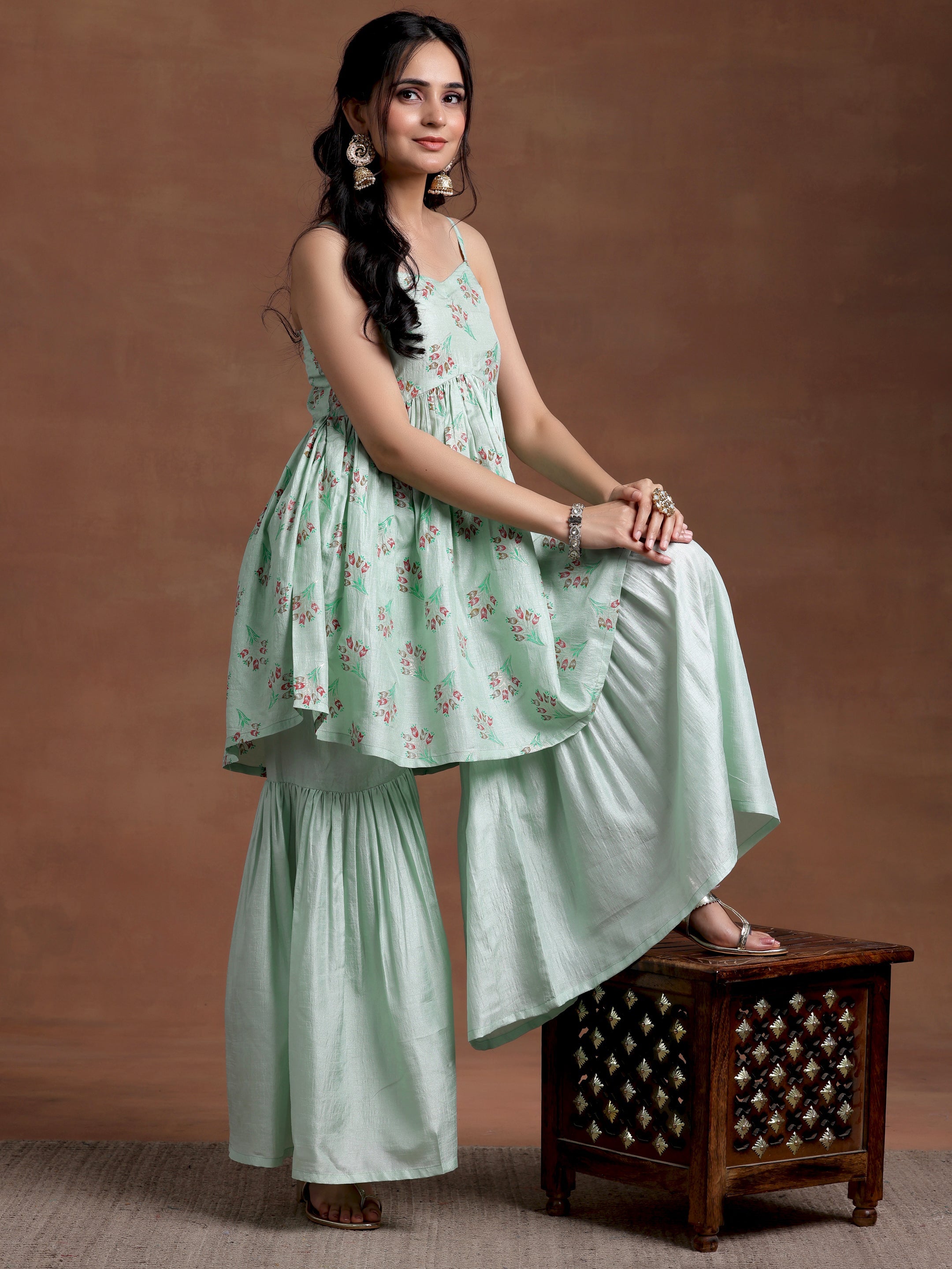 Sea Green Printed Silk Blend A-Line Kurta With Sharara