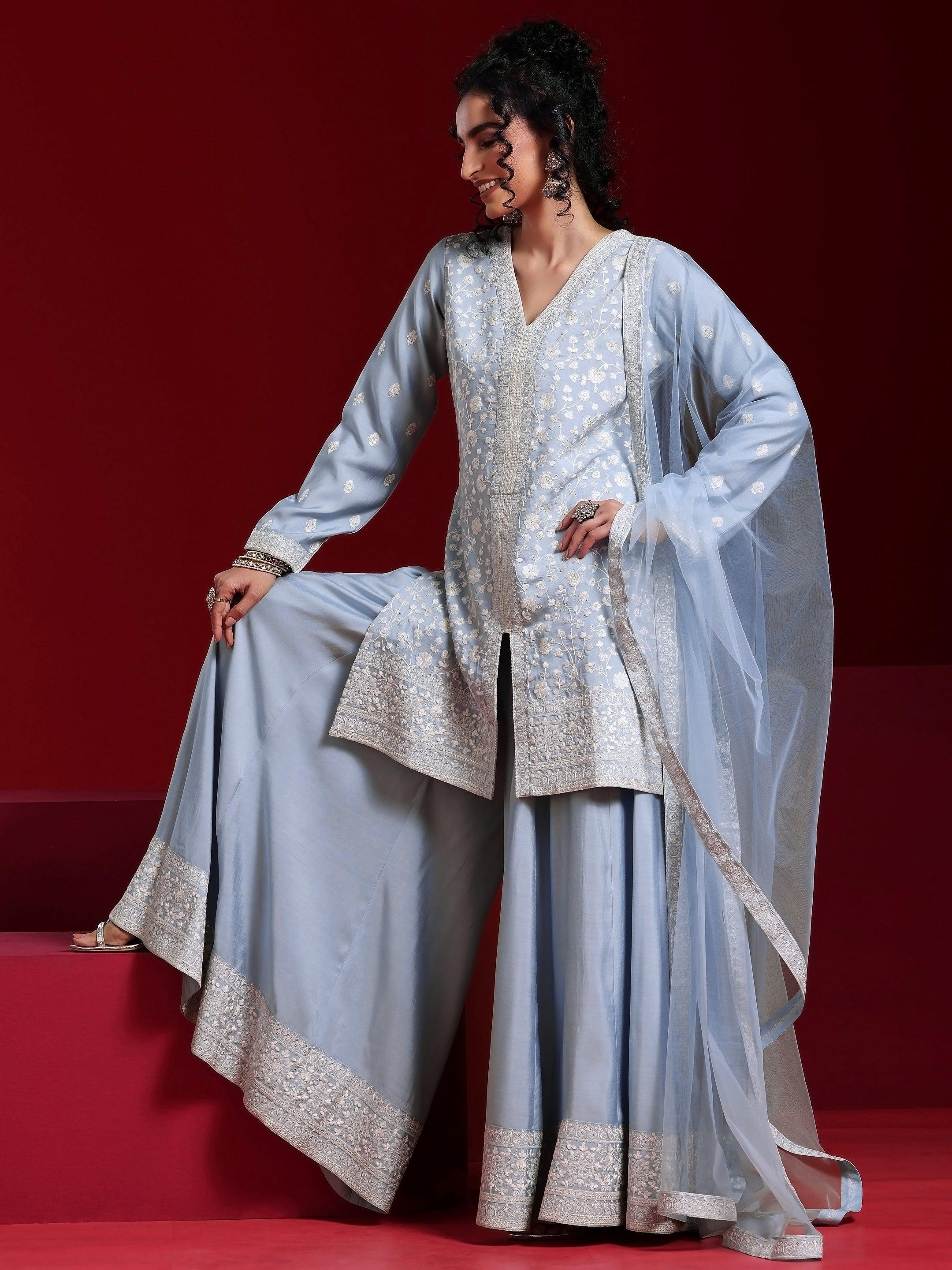 Libas Art Grey Embroidered Silk Blend Straight Suit With Dupatta