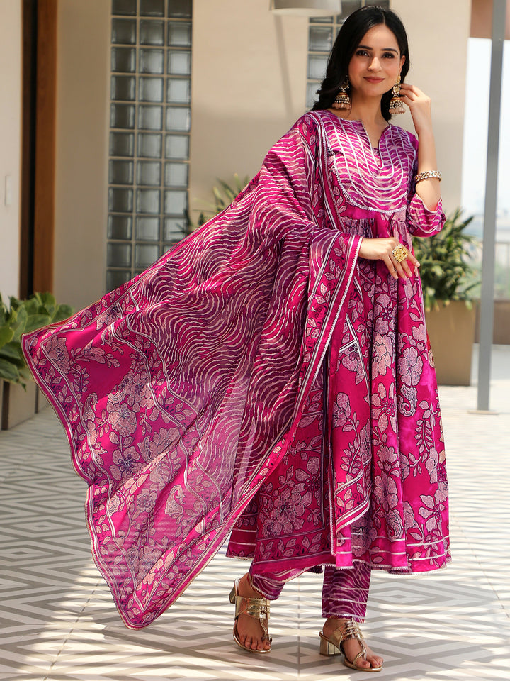 Magenta Printed Cotton Anarkali Suit With Dupatta