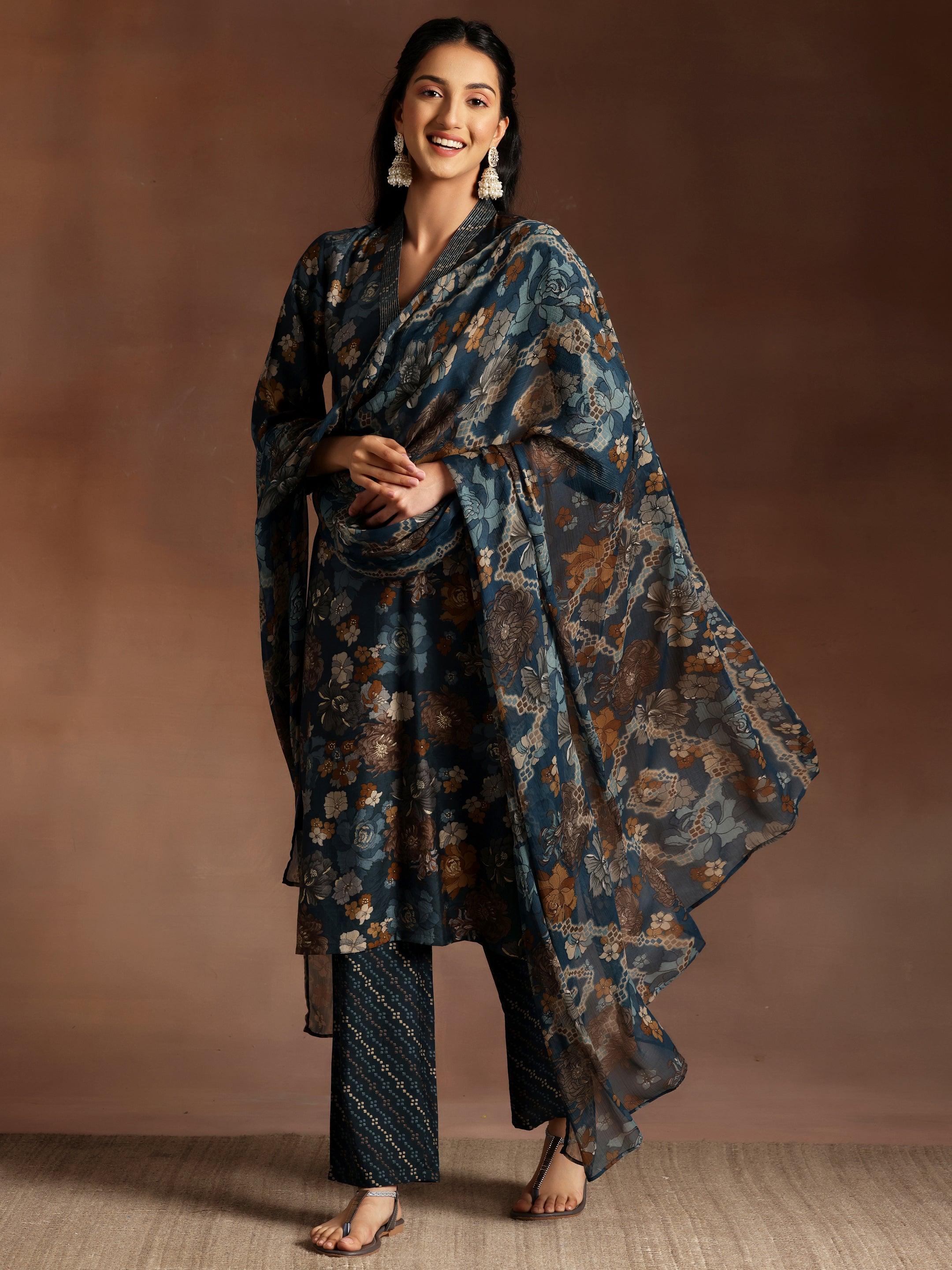 Blue Printed Silk Blend Straight Suit With Dupatta