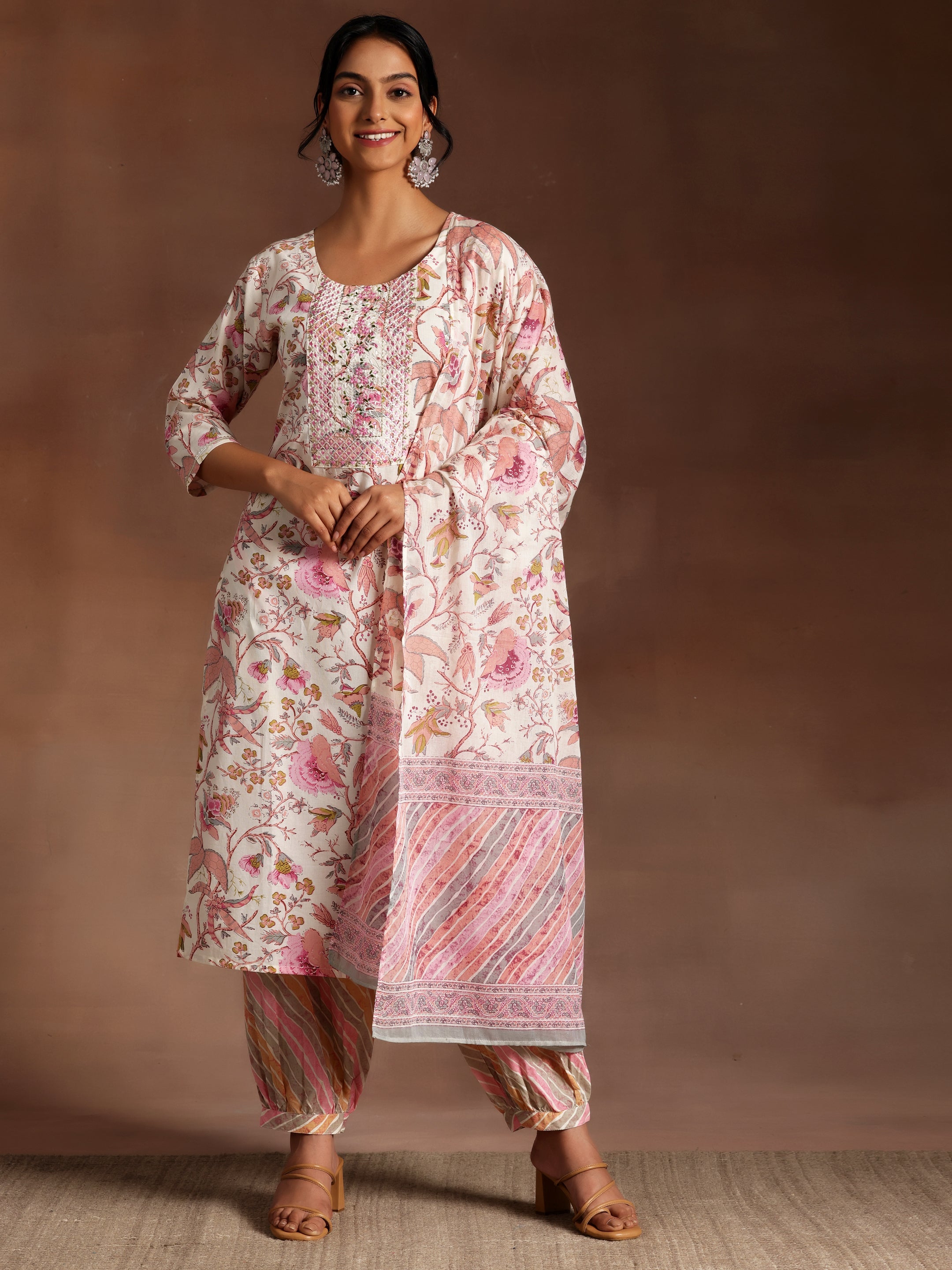 Pink Printed Cotton Straight Suit With Dupatta