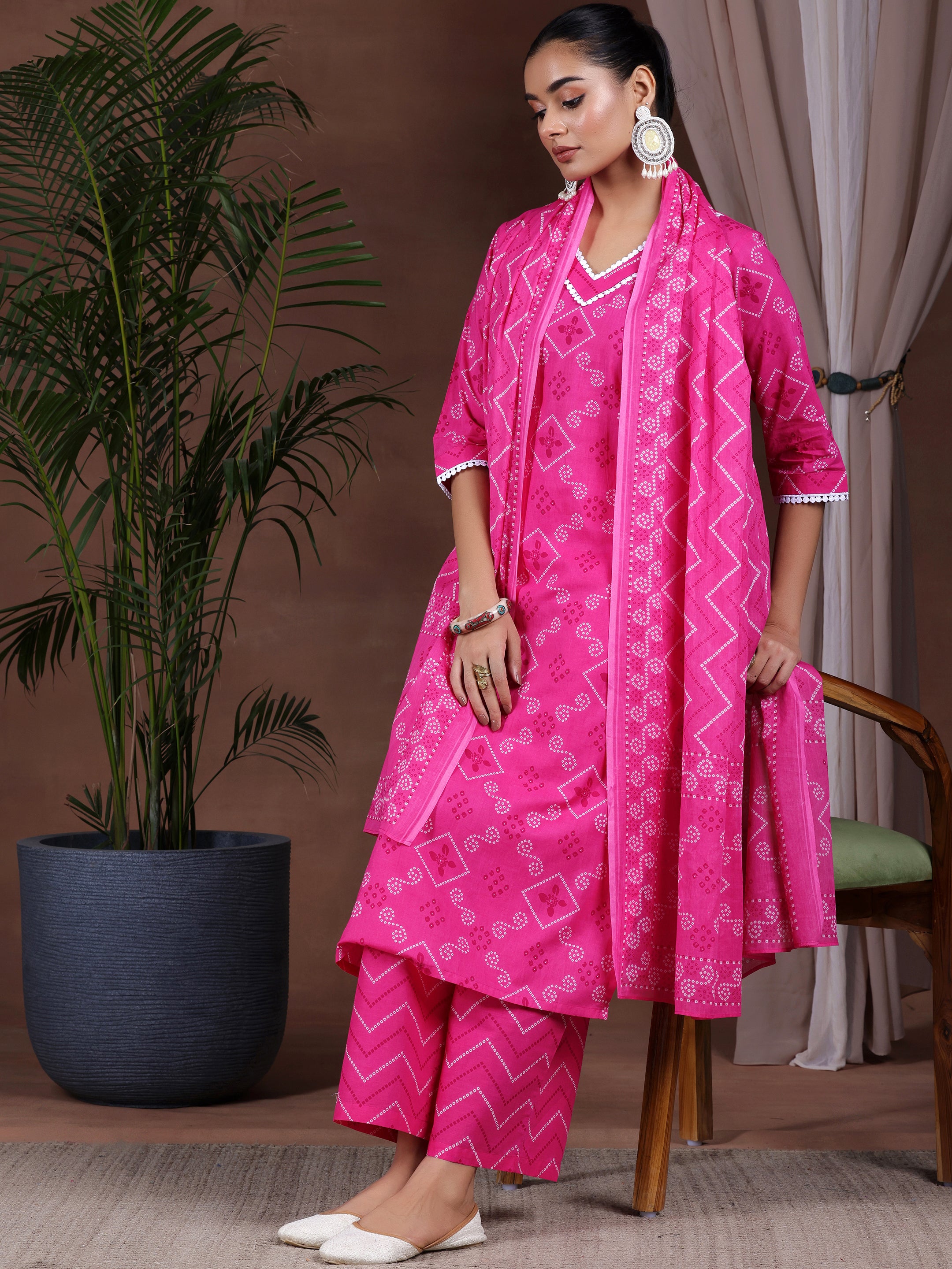 Pink Printed Cotton Straight Suit With Dupatta