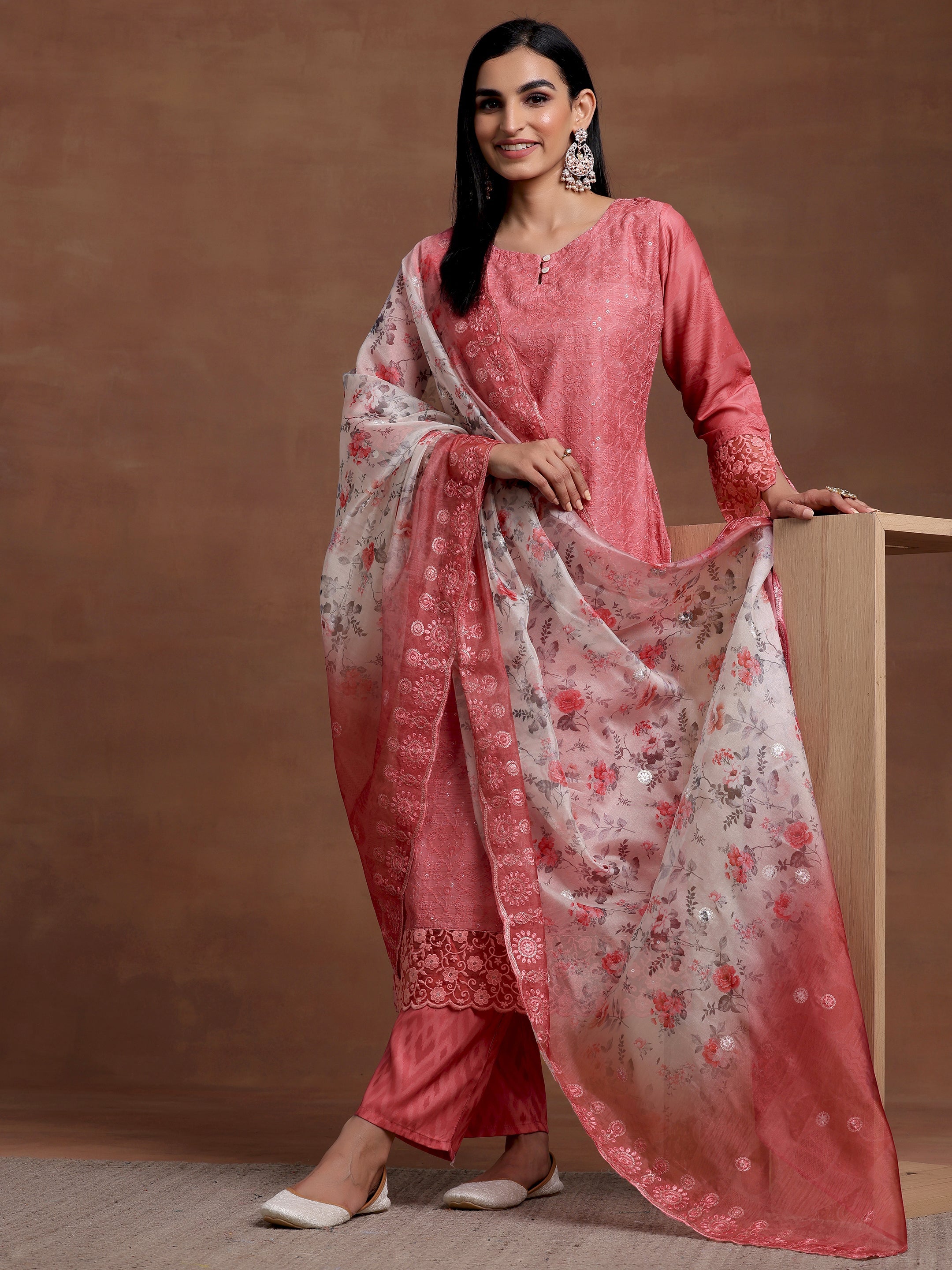 Peach Embroidered Silk Blend Straight Suit With Dupatta