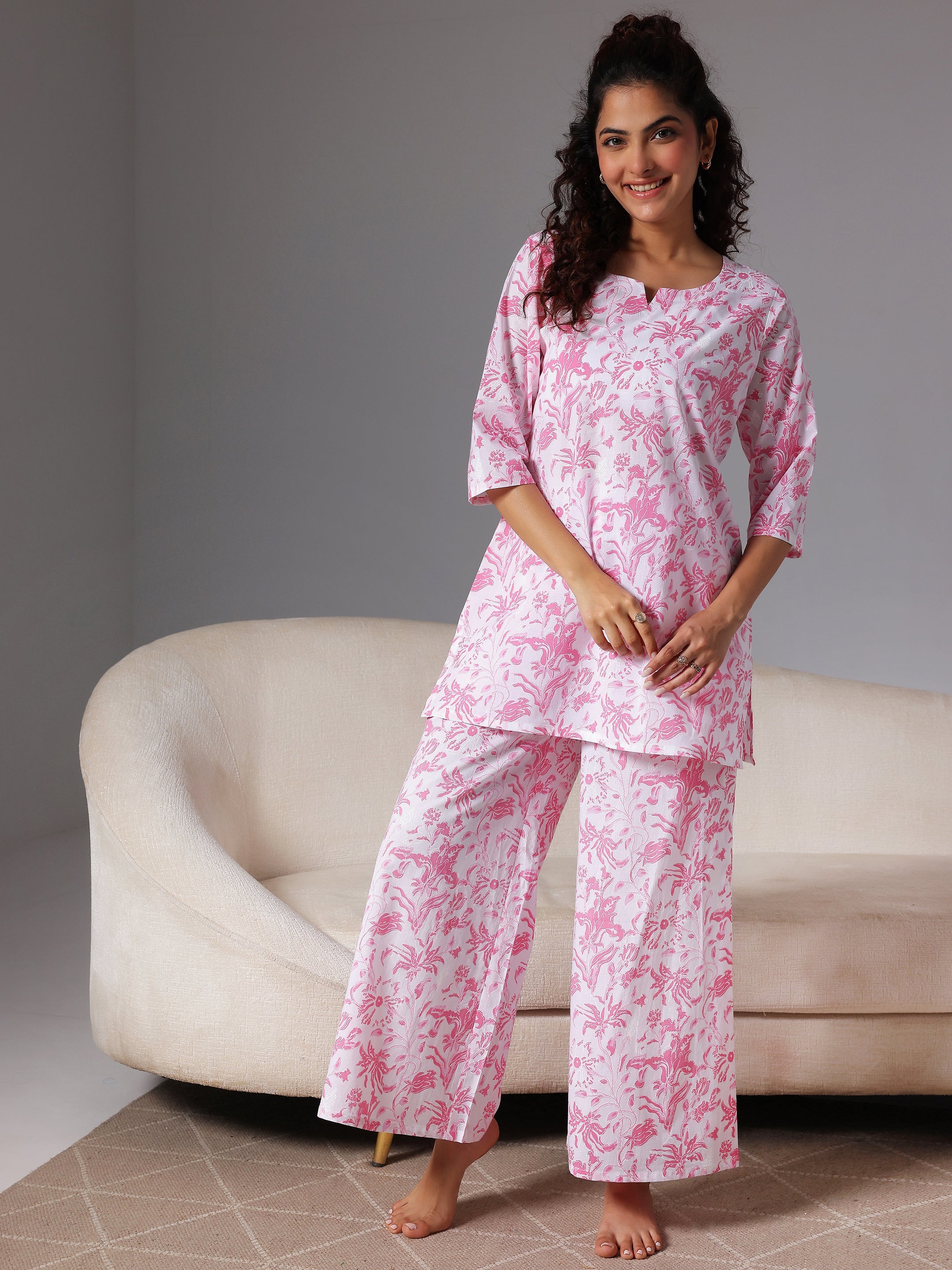 Pink Printed Cotton Night Suits