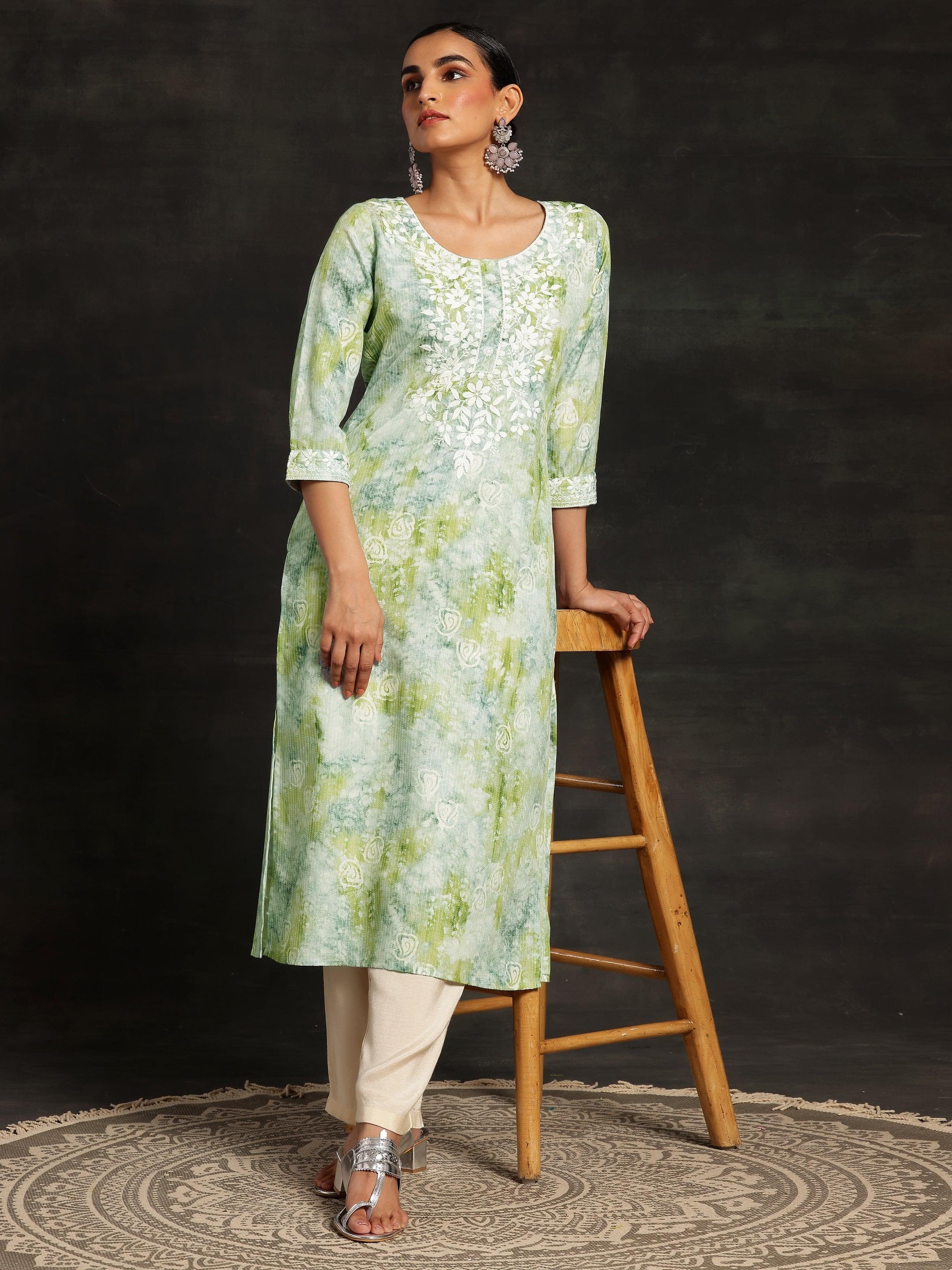 Green Printed Cotton Straight Kurta